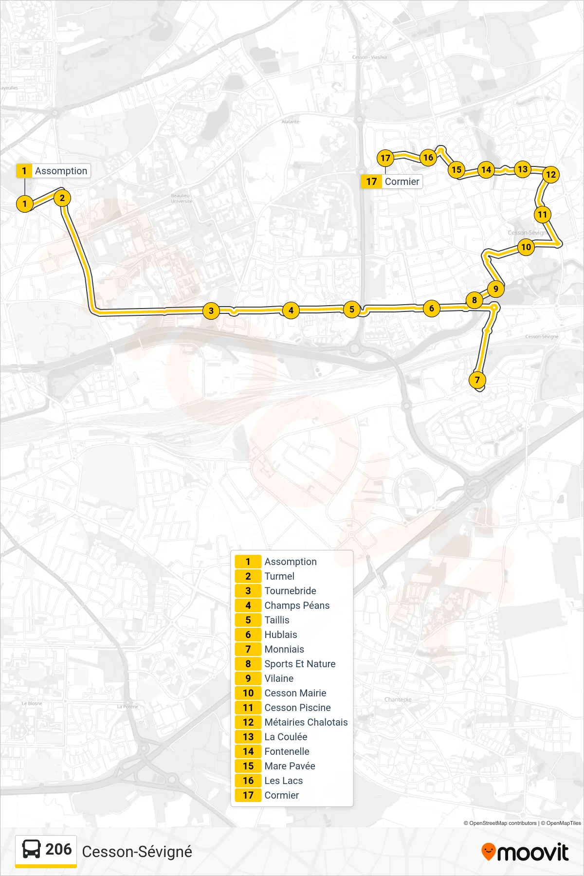 Tracé et arrêts de la ligne 206 de bus (Cesson-Sévigné) sur une carte