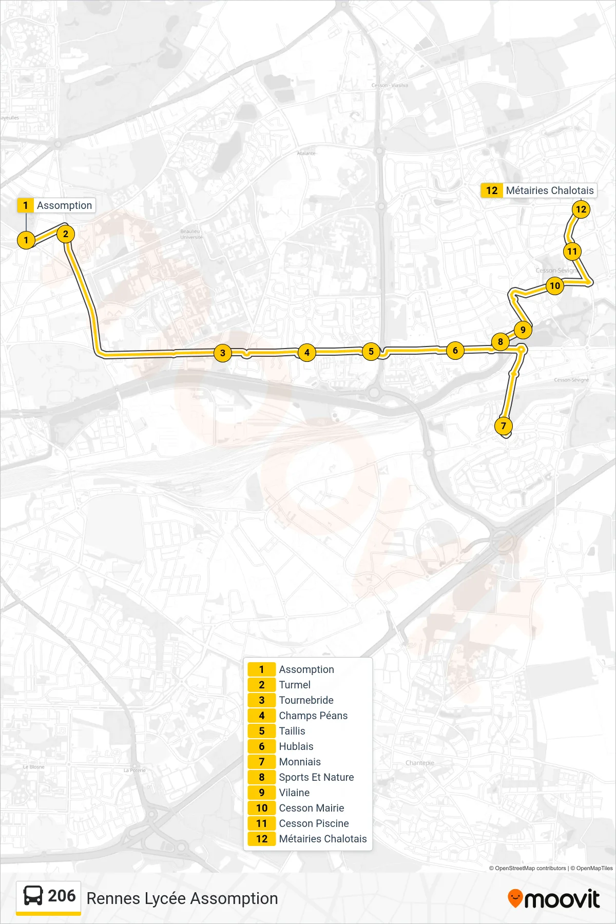 206 bus Line (Rennes Lycée Assomption) route and stops on a map