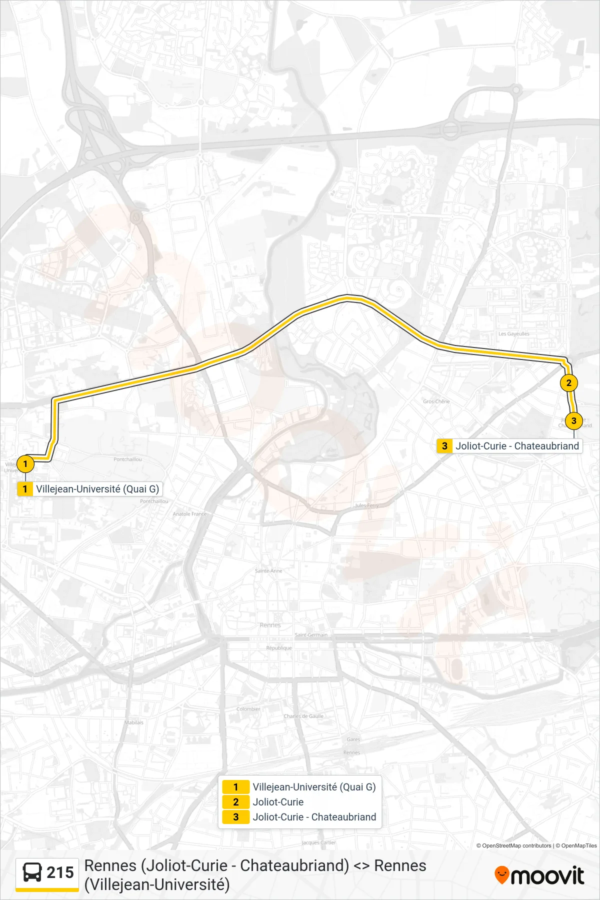 Tracé et arrêts de la ligne 215 de bus (Lycée Joliot-Curie) sur une carte