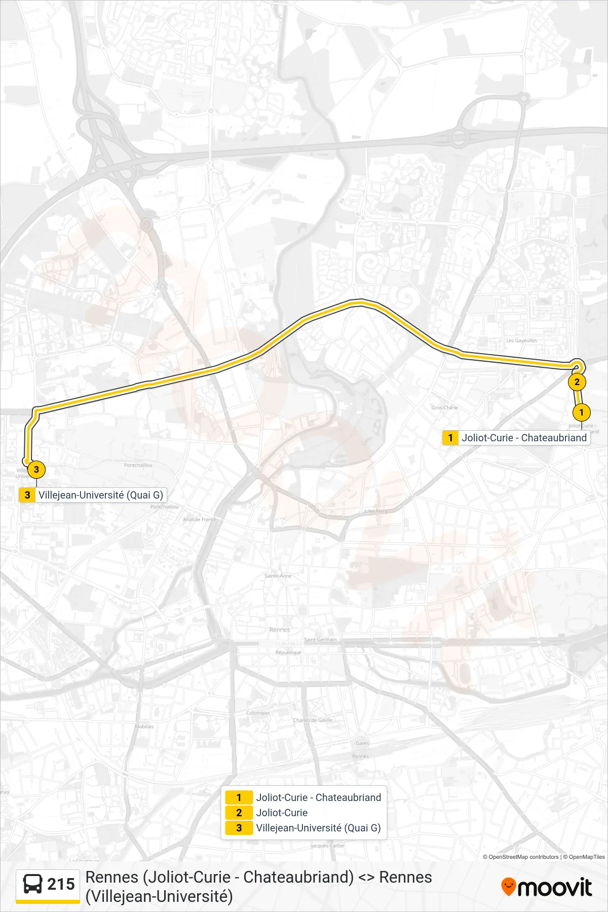 Tracé et arrêts de la ligne 215 de bus (Villejean-Université) sur une carte