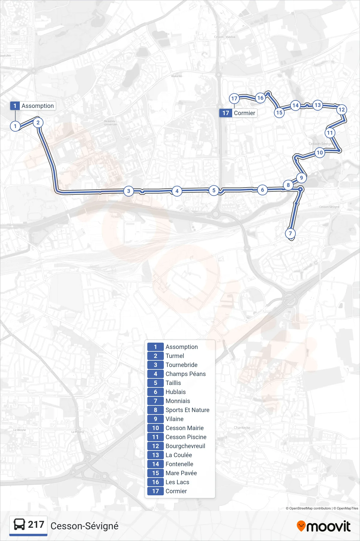 Tracé et arrêts de la ligne 217 de bus (Cesson-Sévigné) sur une carte