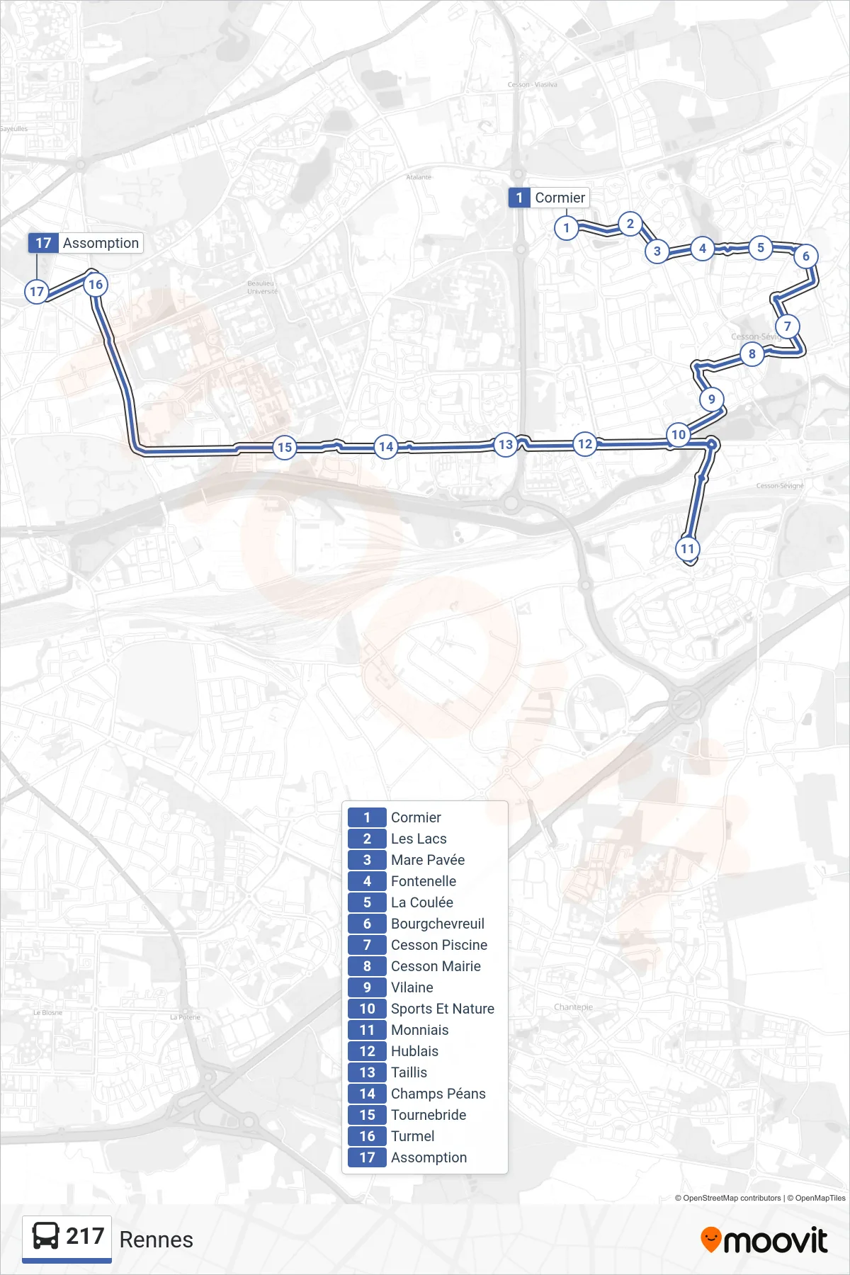 Tracé et arrêts de la ligne 217 de bus (Rennes) sur une carte