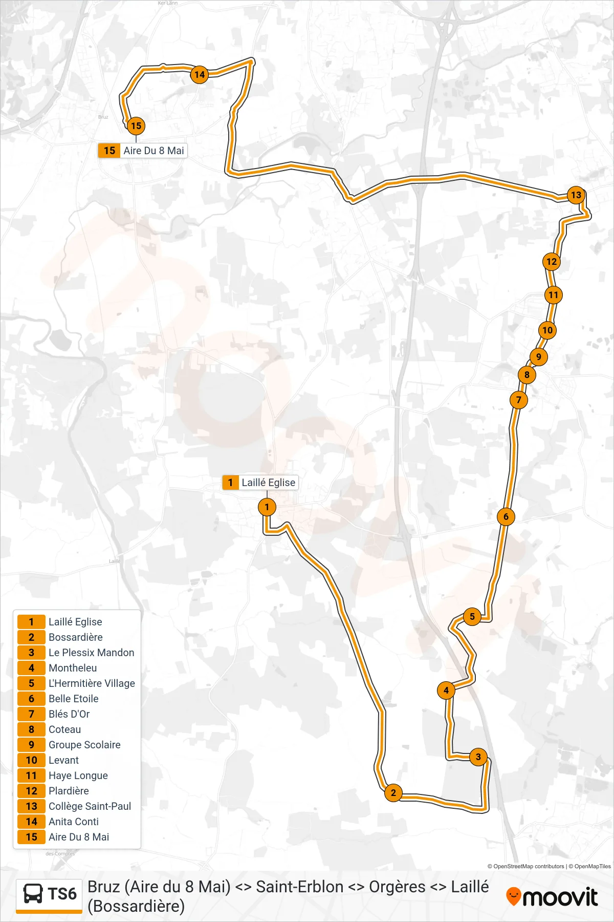 Tracé et arrêts de la ligne TS6 de bus (Bruz) sur une carte