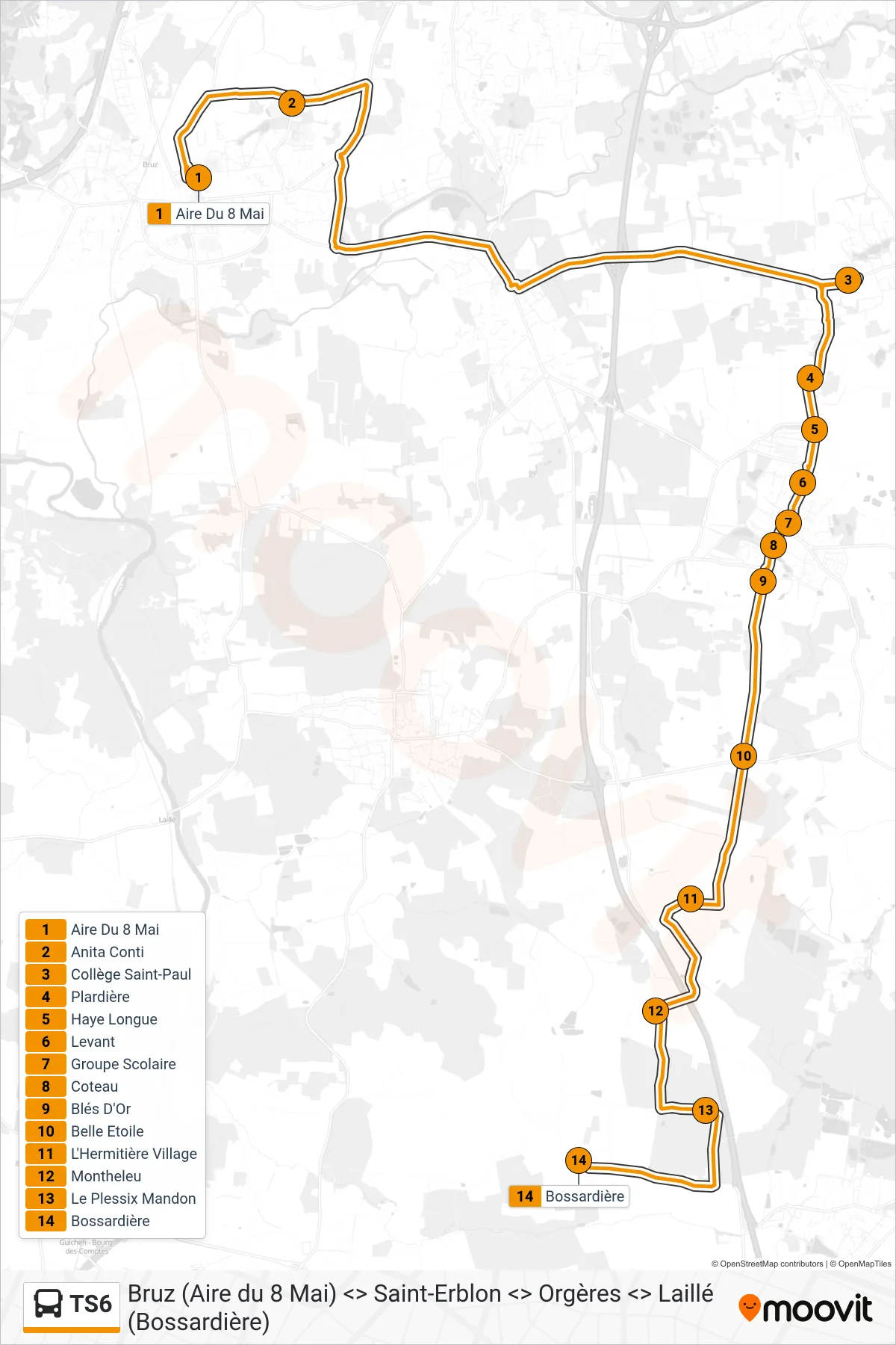 Tracé et arrêts de la ligne TS6 de bus (Laillé Orgères Saint-Erblon) sur une carte