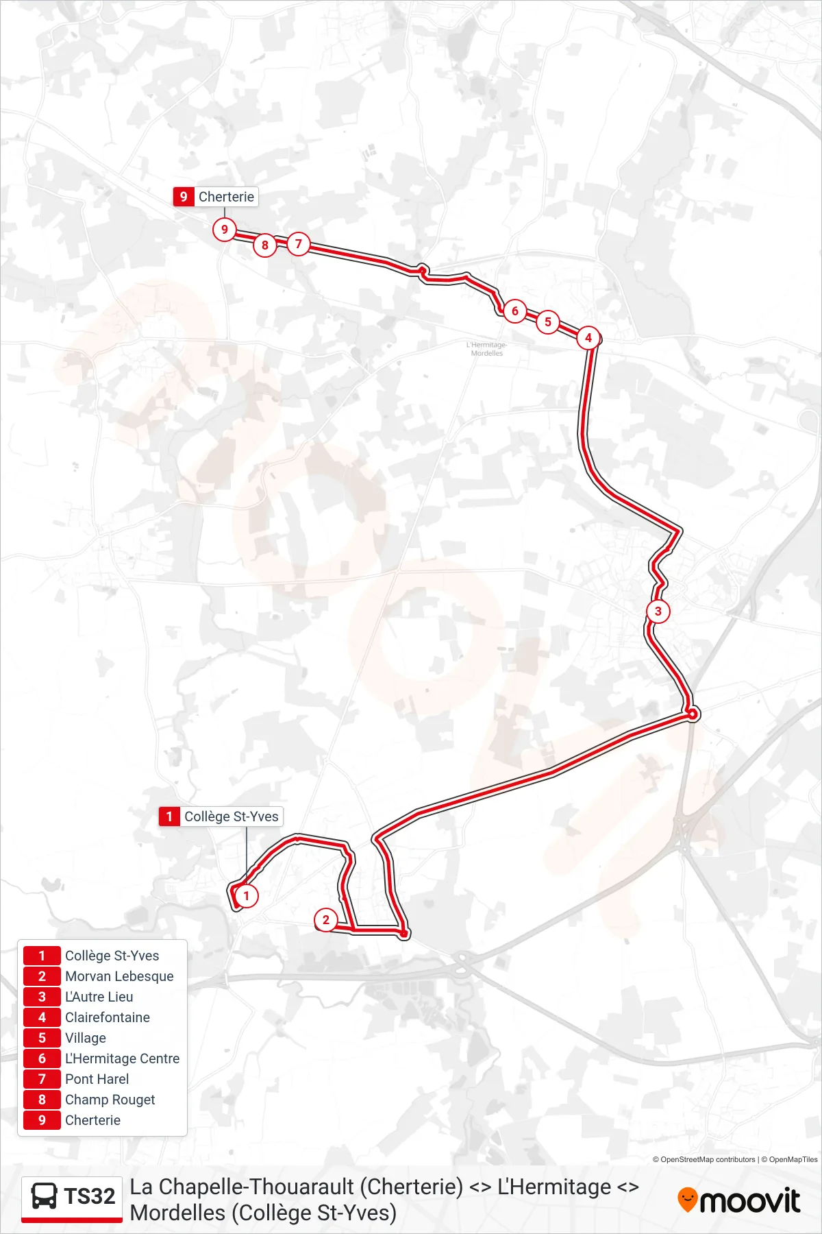 Tracé et arrêts de la ligne TS32 de bus (L'Hermitage Saint-Gilles Chapelle-Des-Fgtz) sur une carte