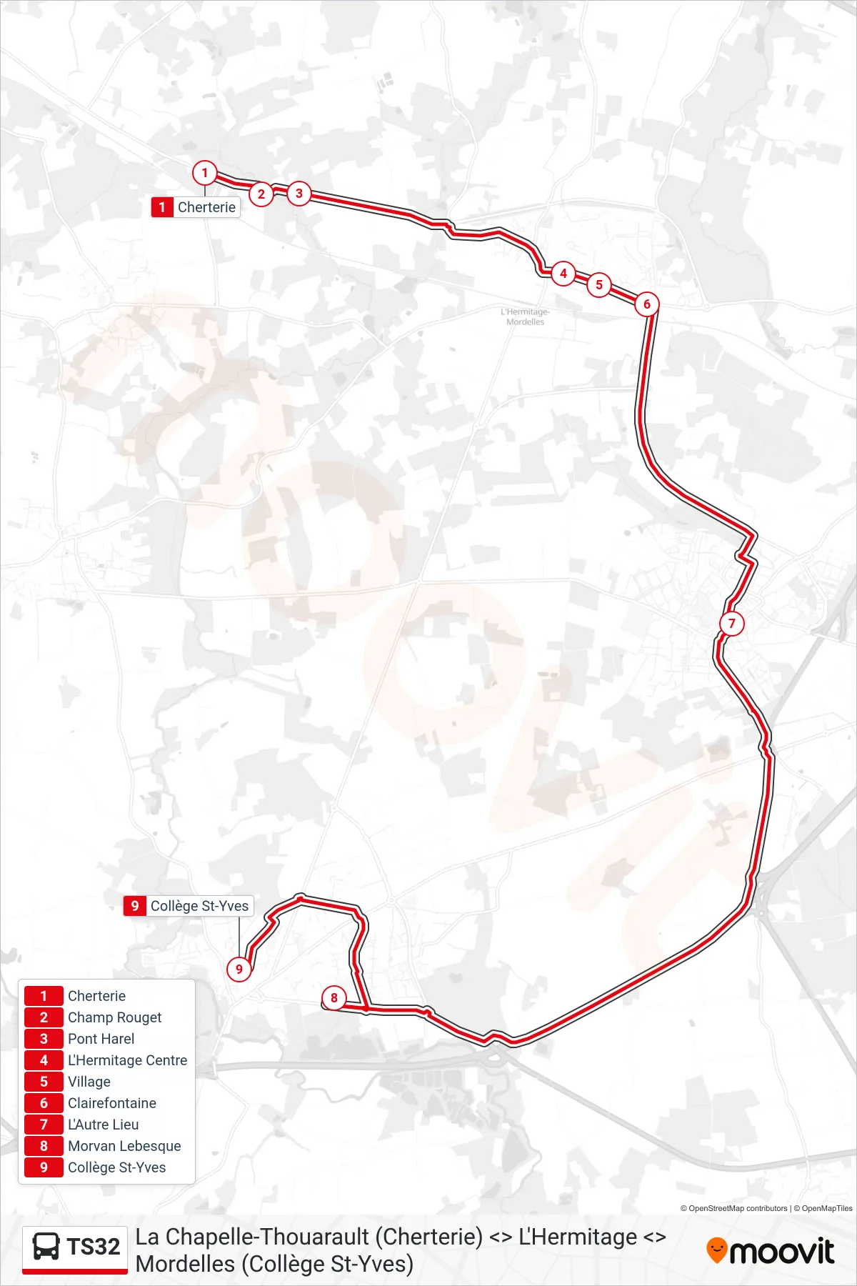 Tracé et arrêts de la ligne TS32 de bus (Mordelles) sur une carte