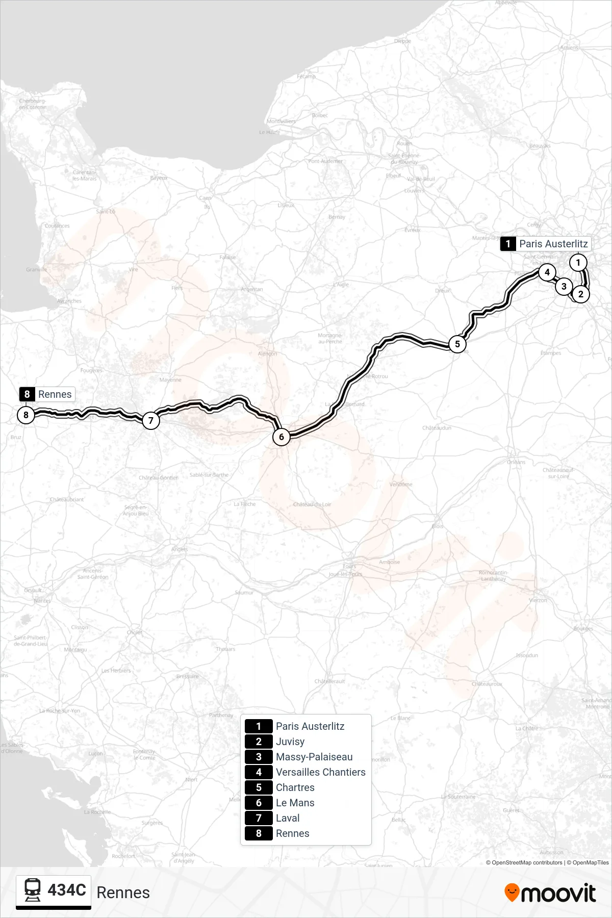 Tracé et arrêts de la ligne 434C de train (Rennes) sur une carte