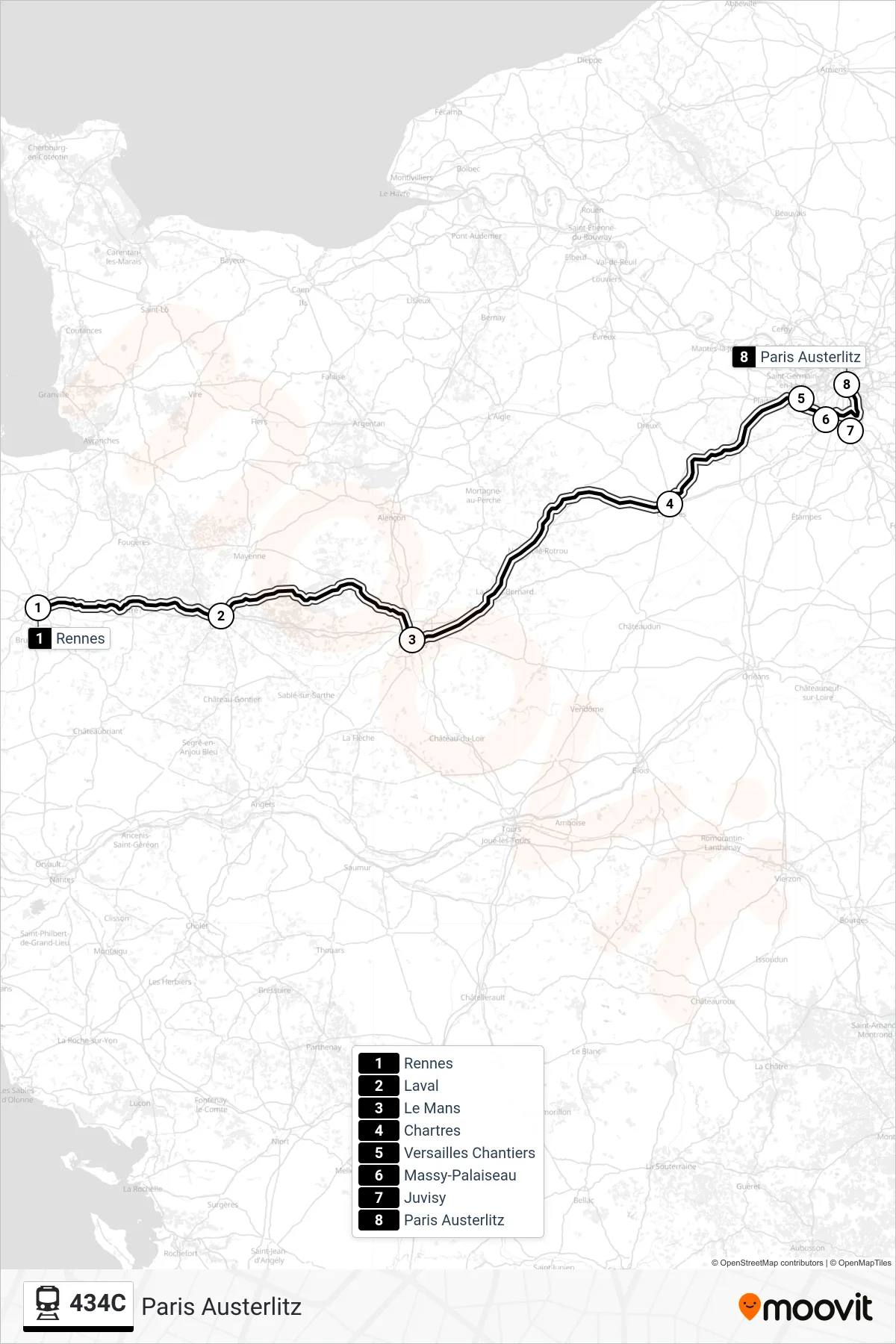 434C rail Line (Paris Austerlitz) route and stops on a map