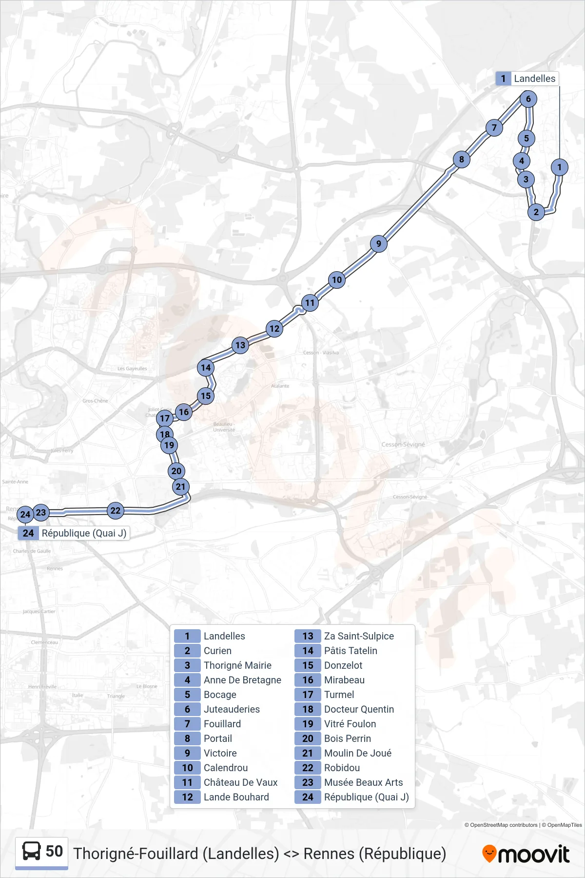 Tracé et arrêts de la ligne 50 de bus (Rennes République) sur une carte