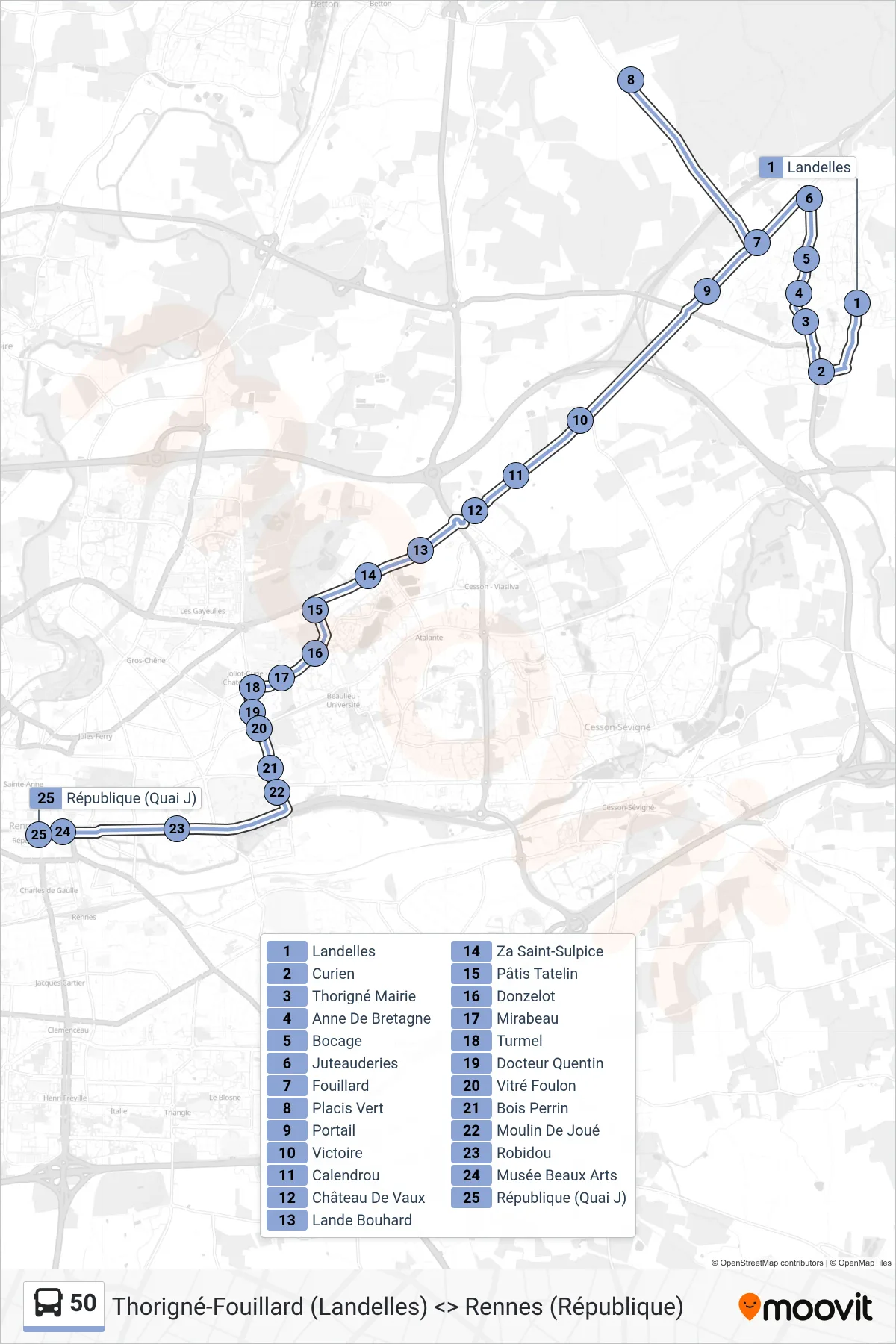 Tracé et arrêts de la ligne 50 de bus (Rennes Via Placis Vert) sur une carte