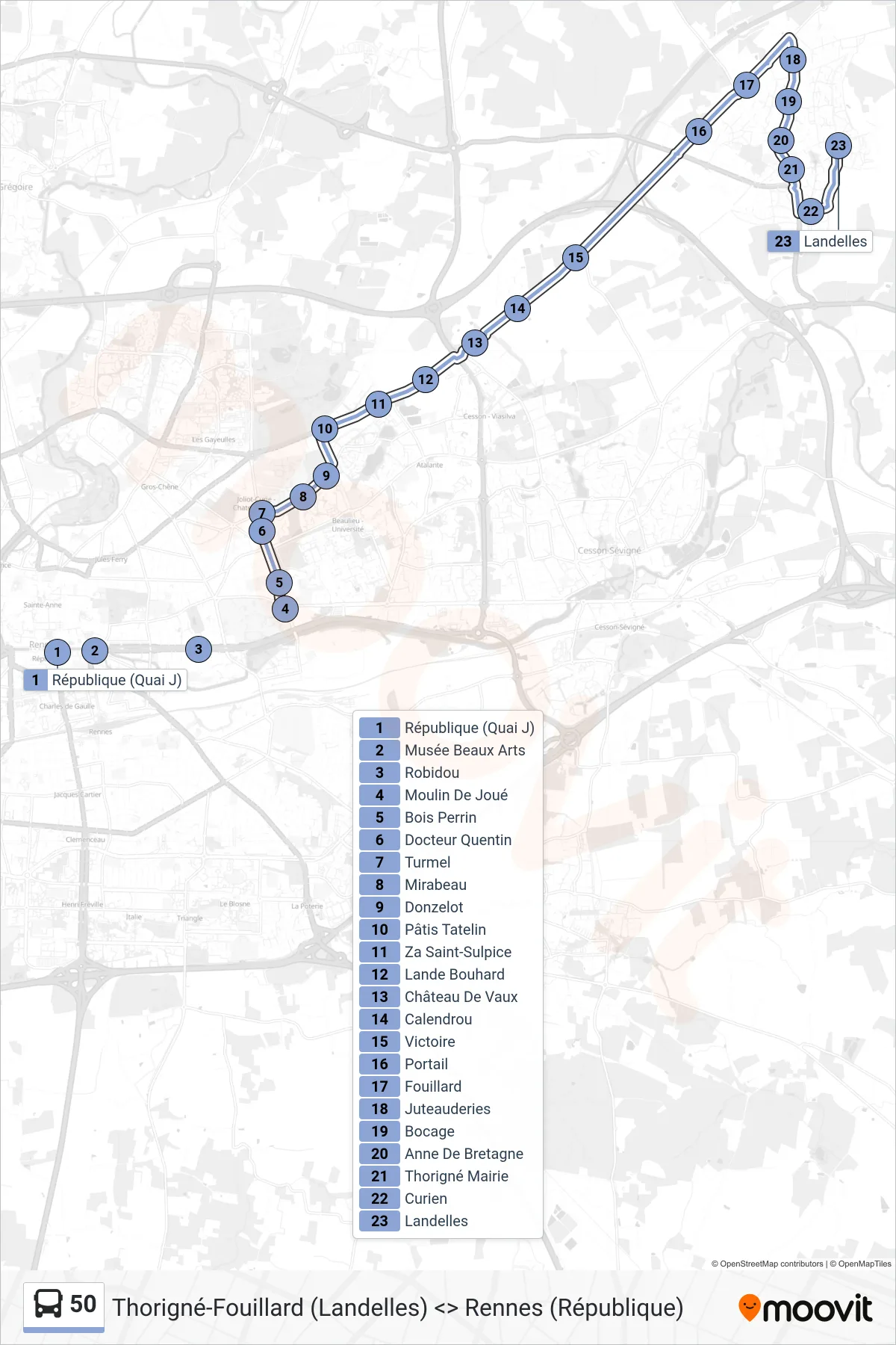 Tracé et arrêts de la ligne 50 de bus (Thorigné-Fouillard) sur une carte