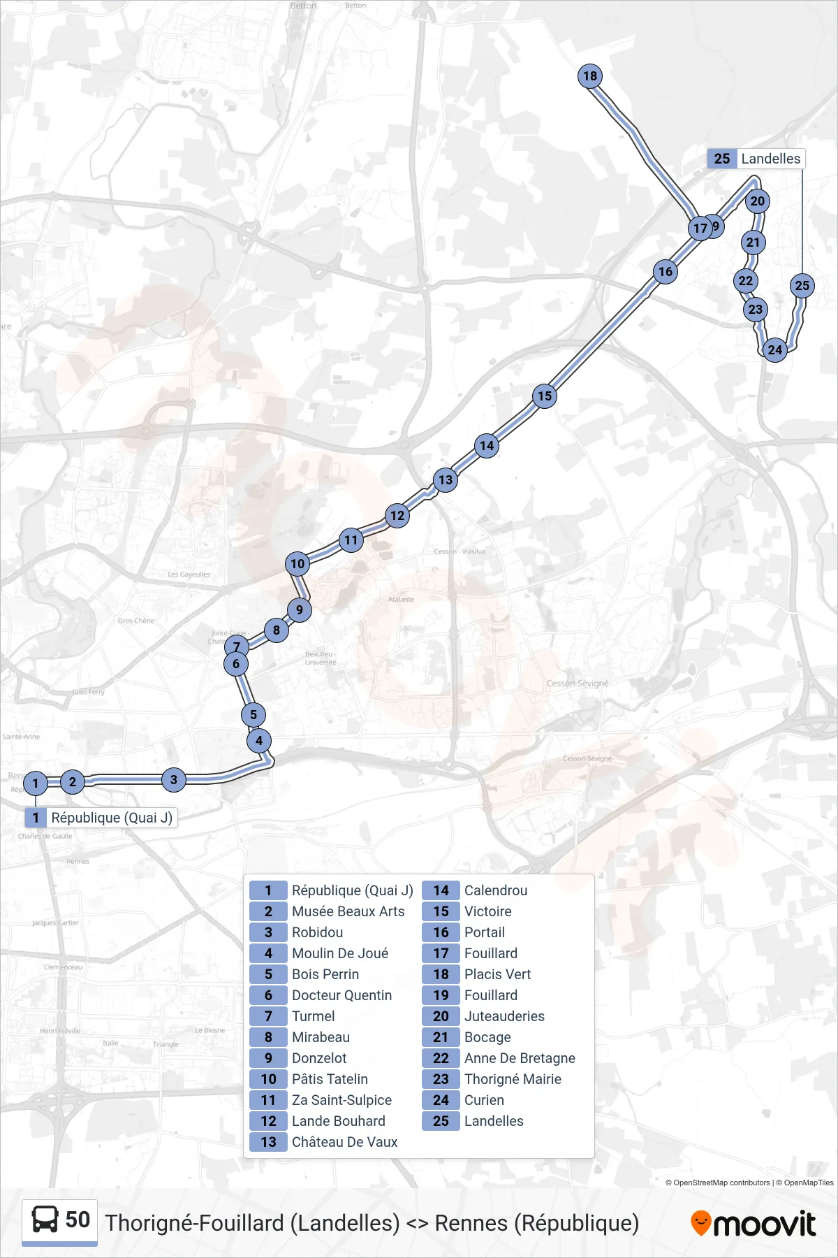 Tracé et arrêts de la ligne 50 de bus (Thorigné-Fouillard Via Placis Vert) sur une carte