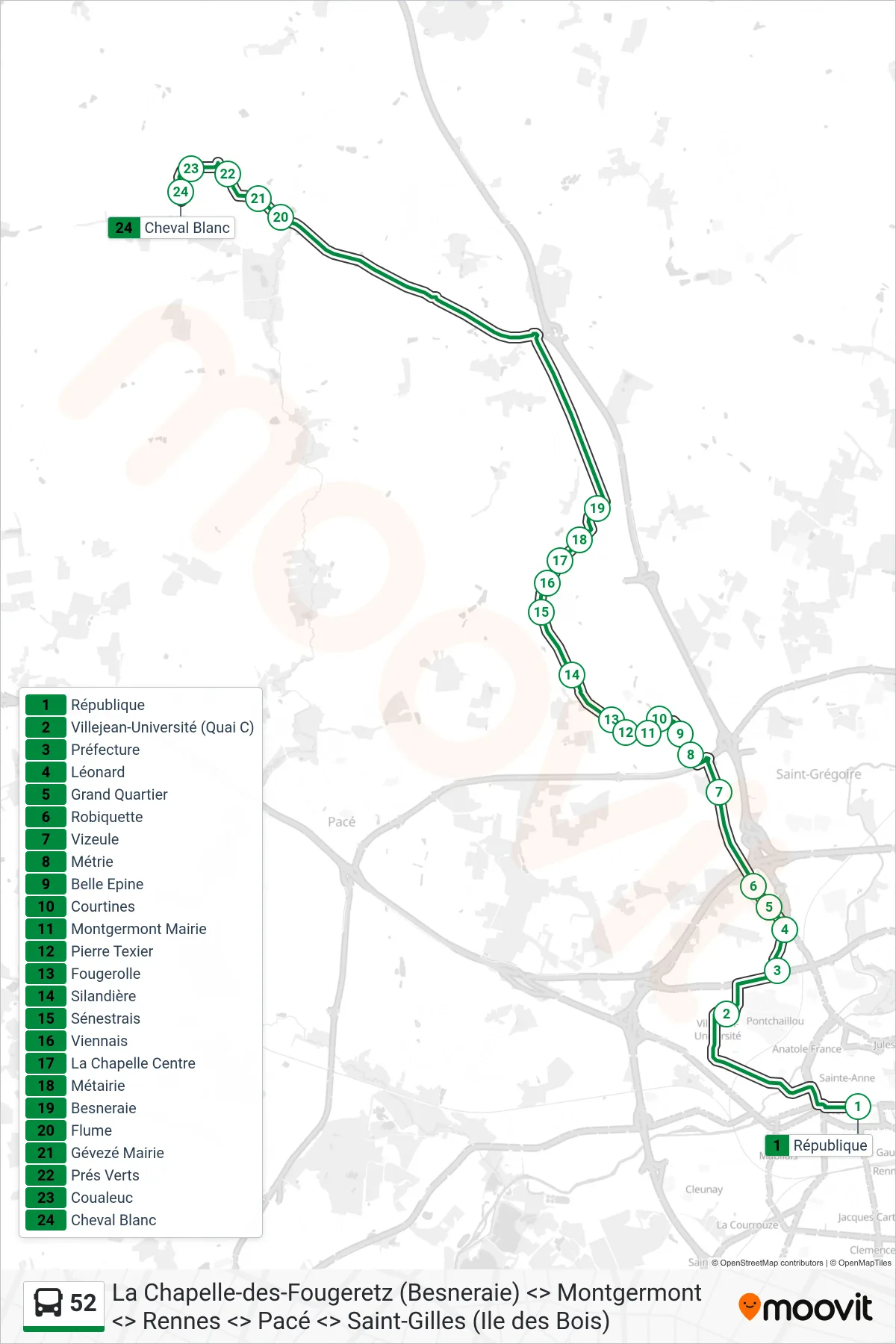 Tracé et arrêts de la ligne 52 de bus (Montgermont - La Chapelle-Des-Fougeretz - Gévezé) sur une carte