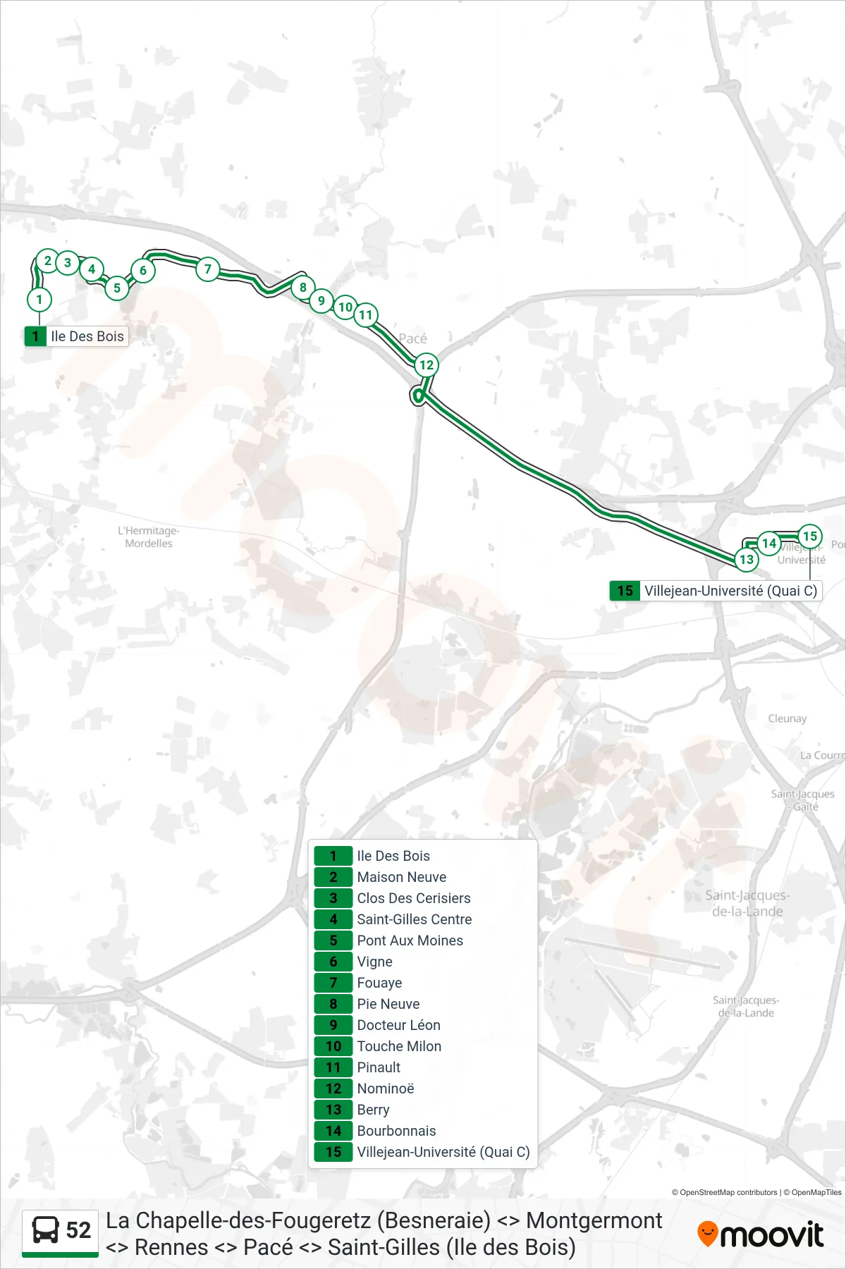 Tracé et arrêts de la ligne 52 de bus (Rennes Villejean - Université) sur une carte