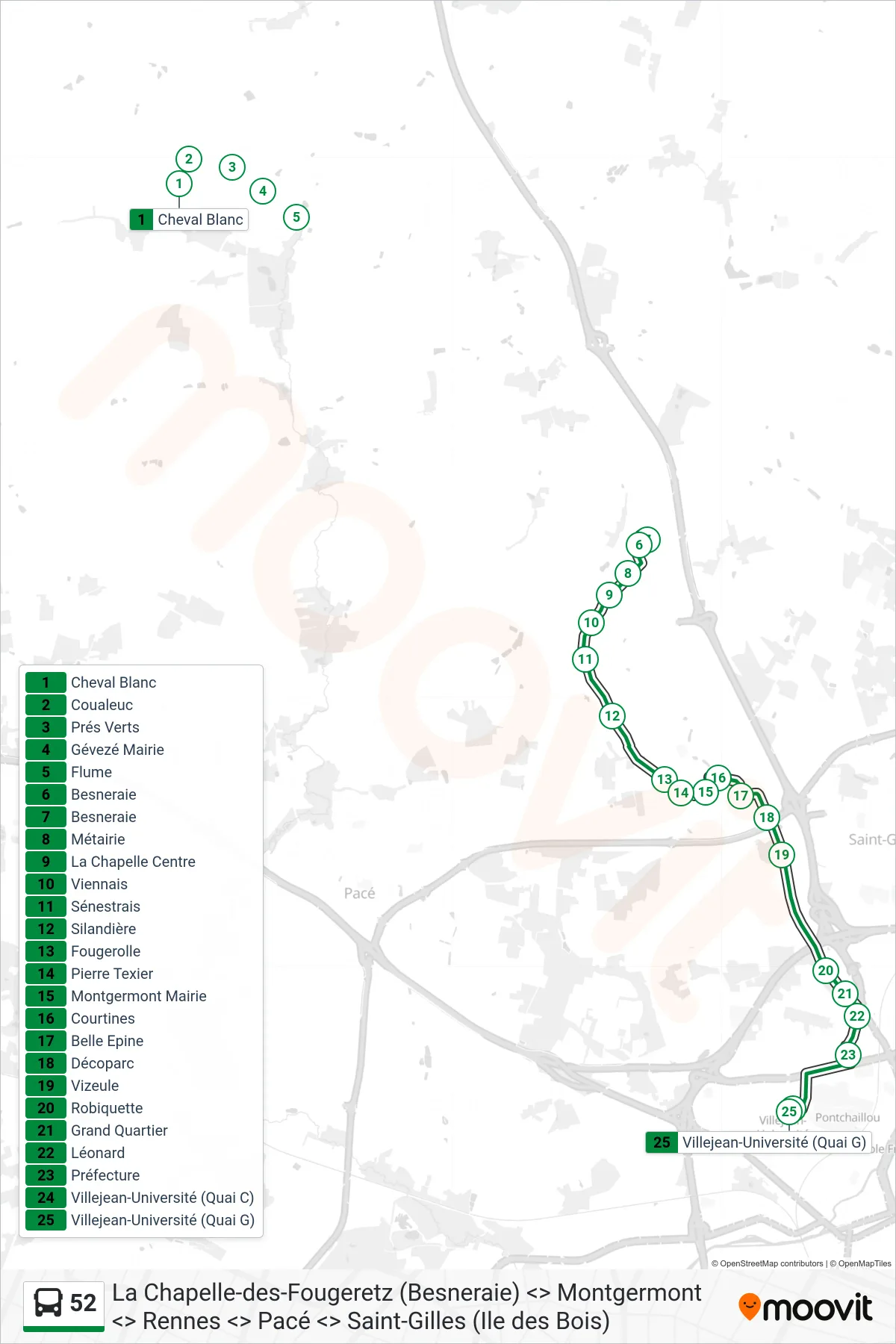 Tracé et arrêts de la ligne 52 de bus (Rennes Villejean - Université) sur une carte
