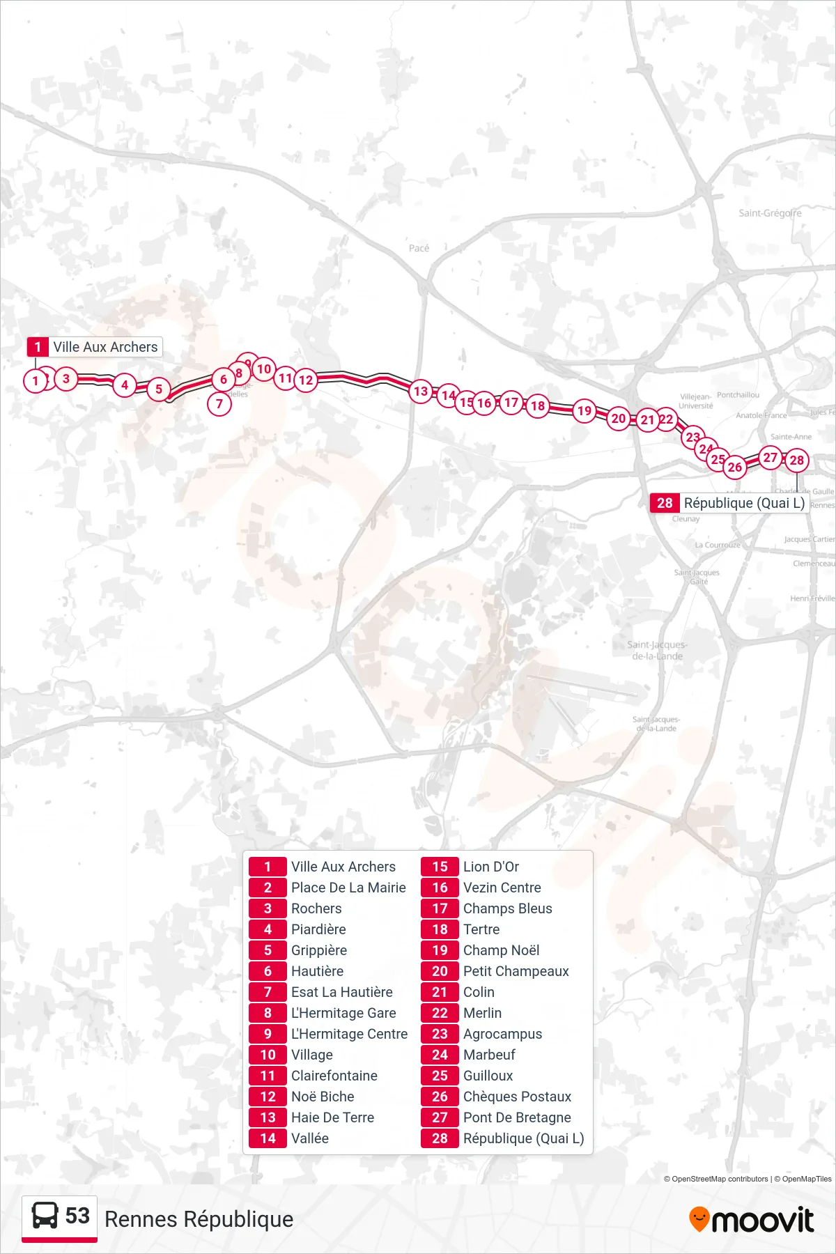 Tracé et arrêts de la ligne 53 de bus (Rennes République) sur une carte