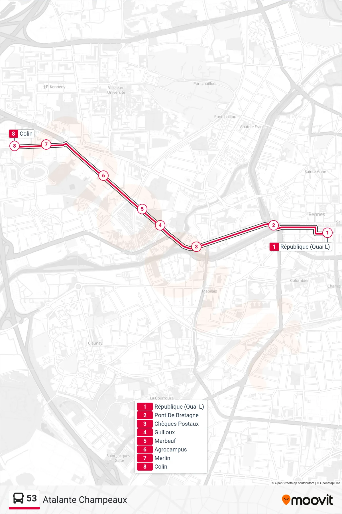 Tracé et arrêts de la ligne 53 de bus (Atalante Champeaux) sur une carte