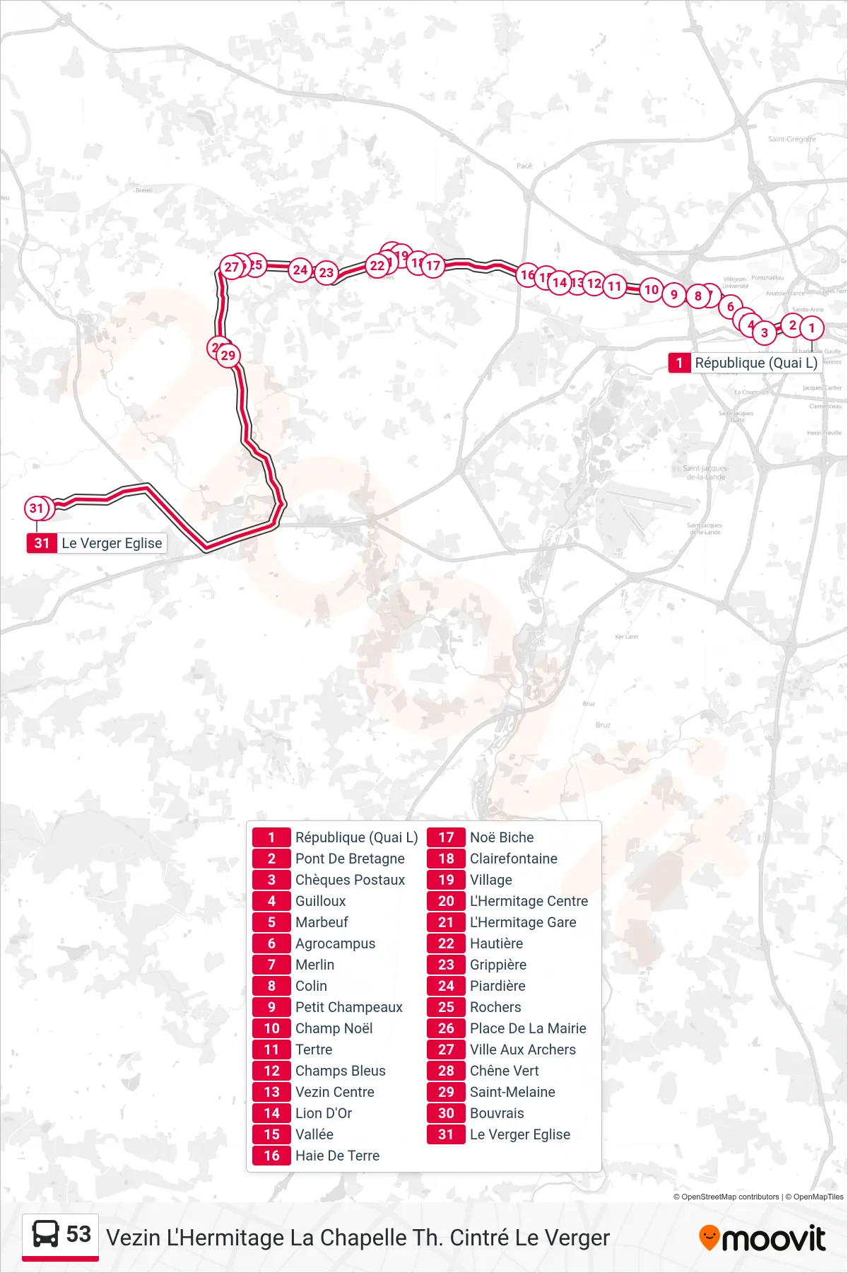 Tracé et arrêts de la ligne 53 de bus (Vezin L'Hermitage La Chapelle Th. Cintré Le Verger) sur une carte