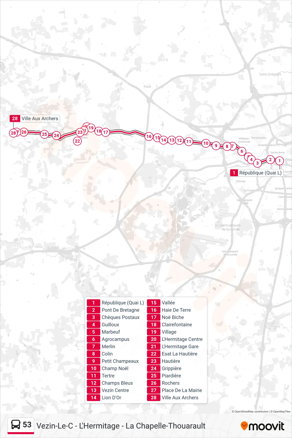Tracé et arrêts de la ligne 53 de bus (Vezin-Le-C - L'Hermitage -  La Chapelle-Thouarault) sur une carte