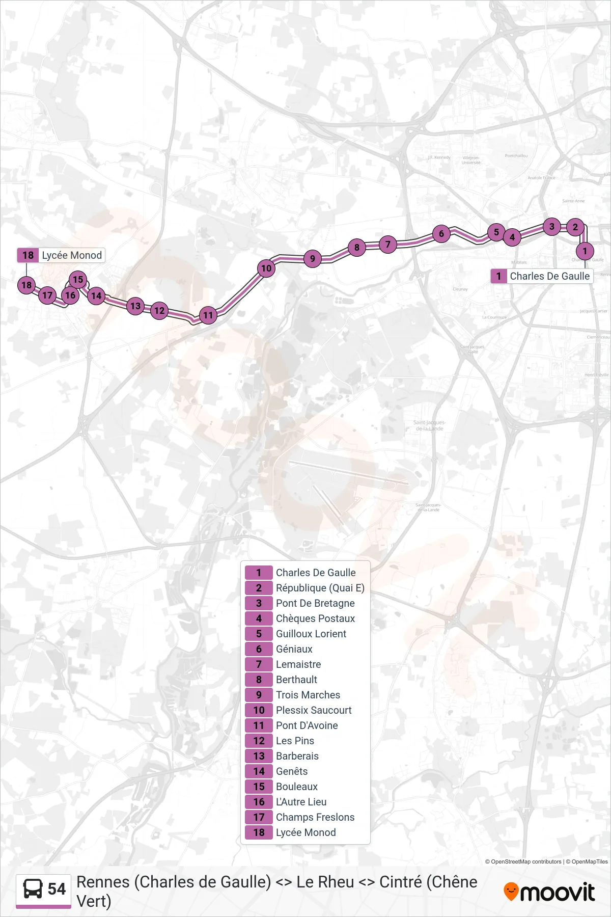 Tracé et arrêts de la ligne 54 de bus (Le Rheu) sur une carte