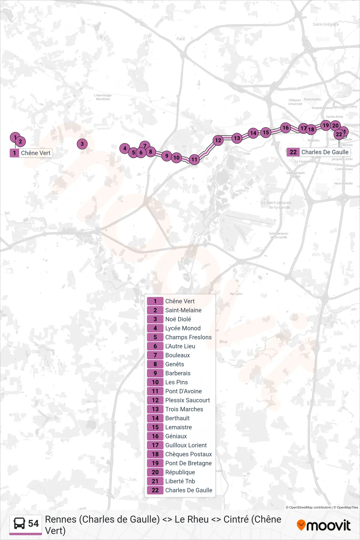 Tracé et arrêts de la ligne 54 de bus (Rennes Charles De Gaulle) sur une carte