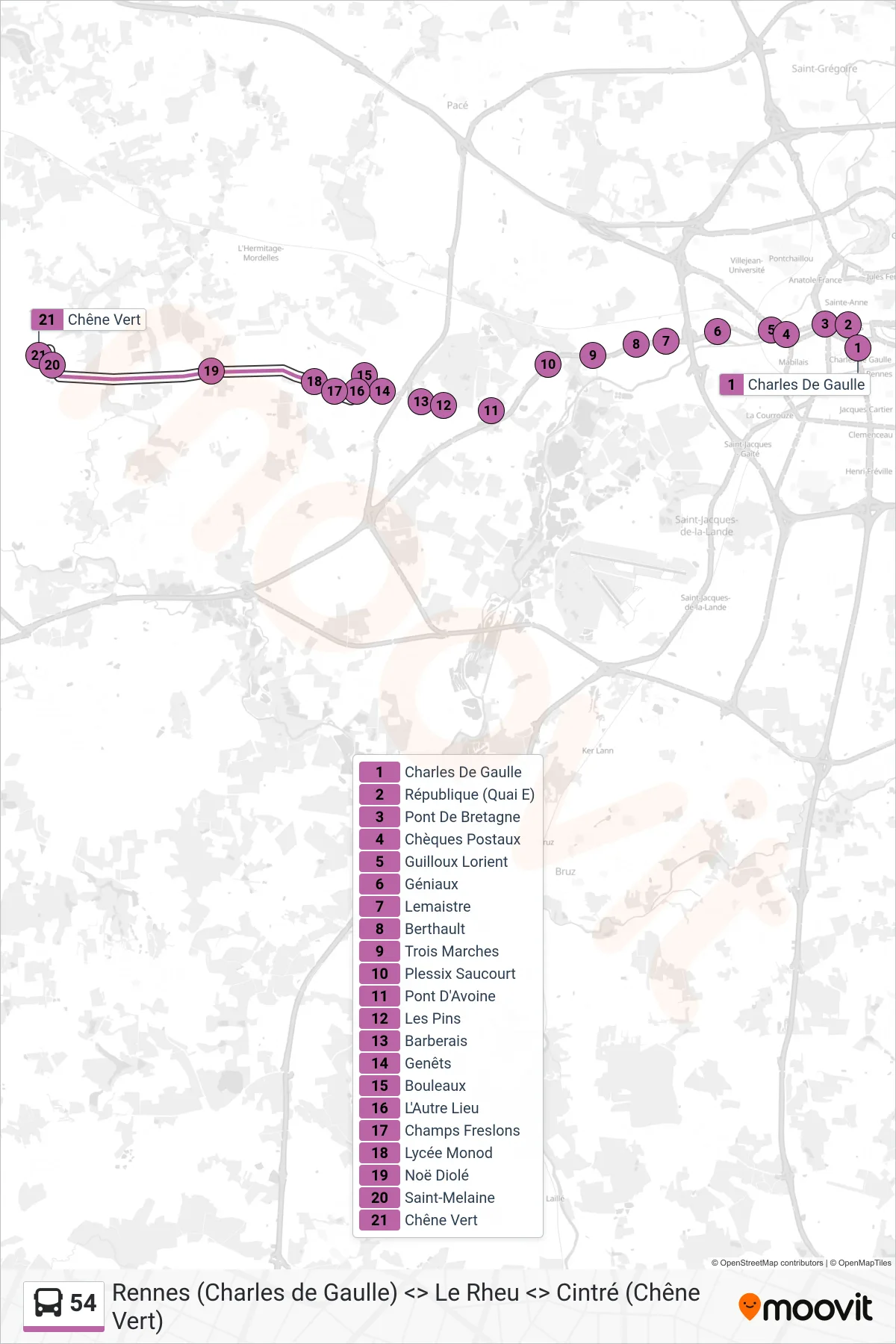 Tracé et arrêts de la ligne 54 de bus (Le Rheu - Cintré) sur une carte