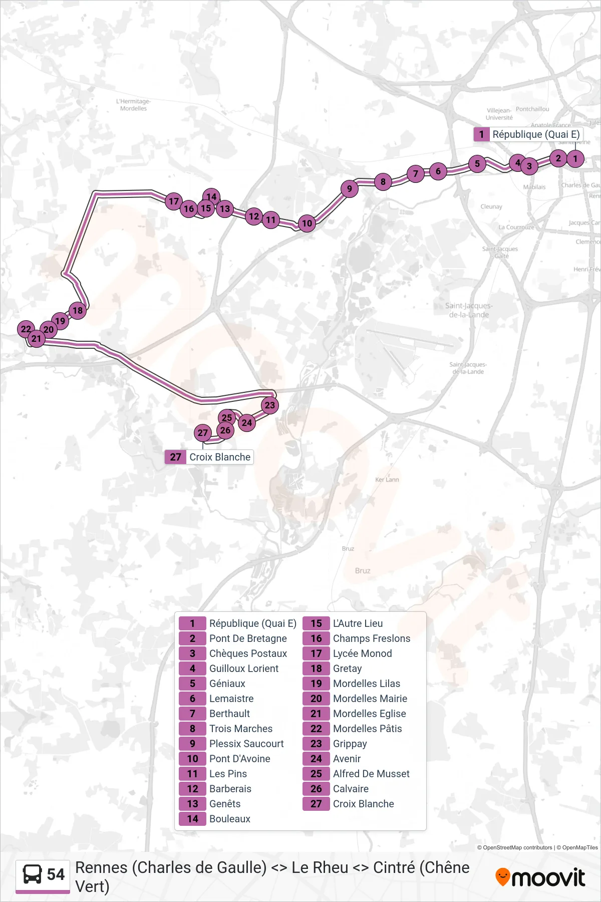 Tracé et arrêts de la ligne 54 de bus (Le Rheu - Mordelles - Chavagne) sur une carte