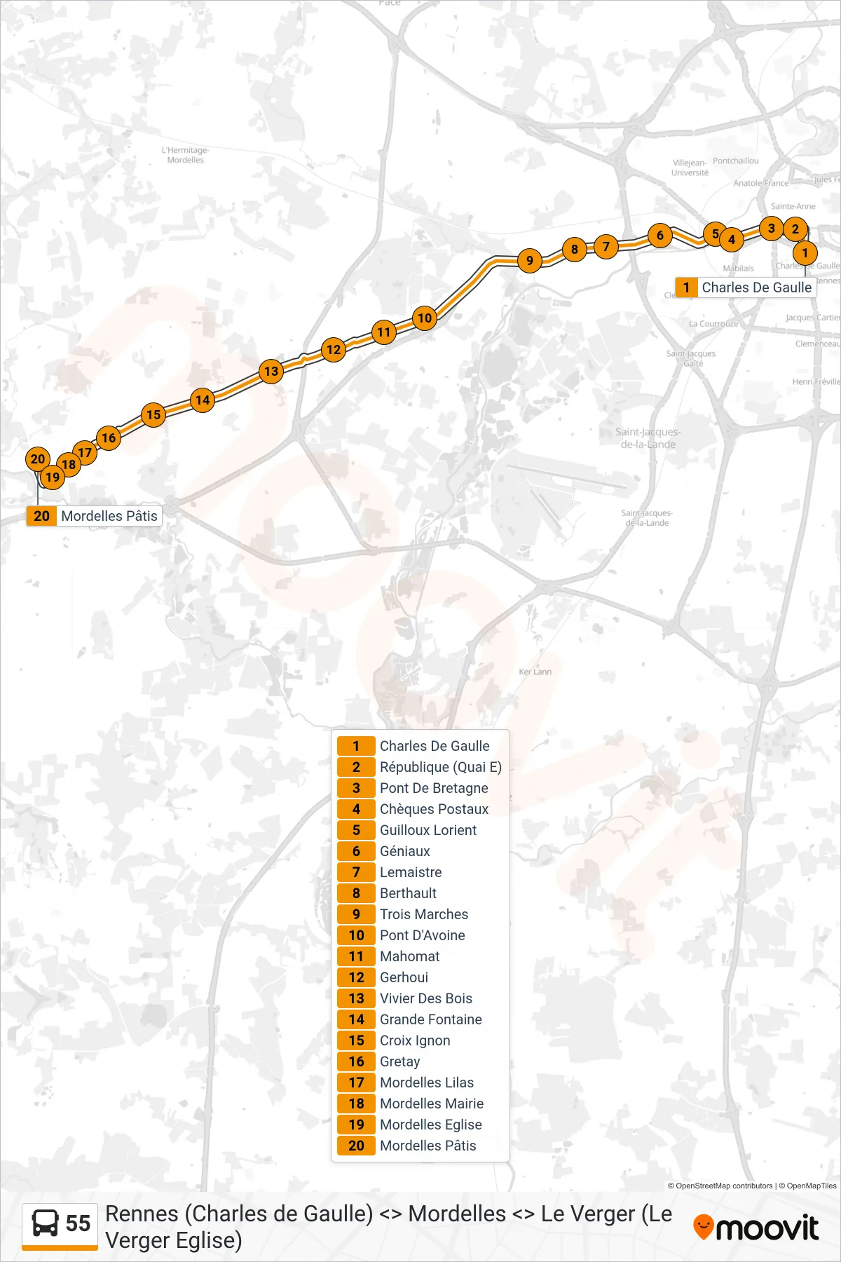 Tracé et arrêts de la ligne 55 de bus (Mordelles) sur une carte