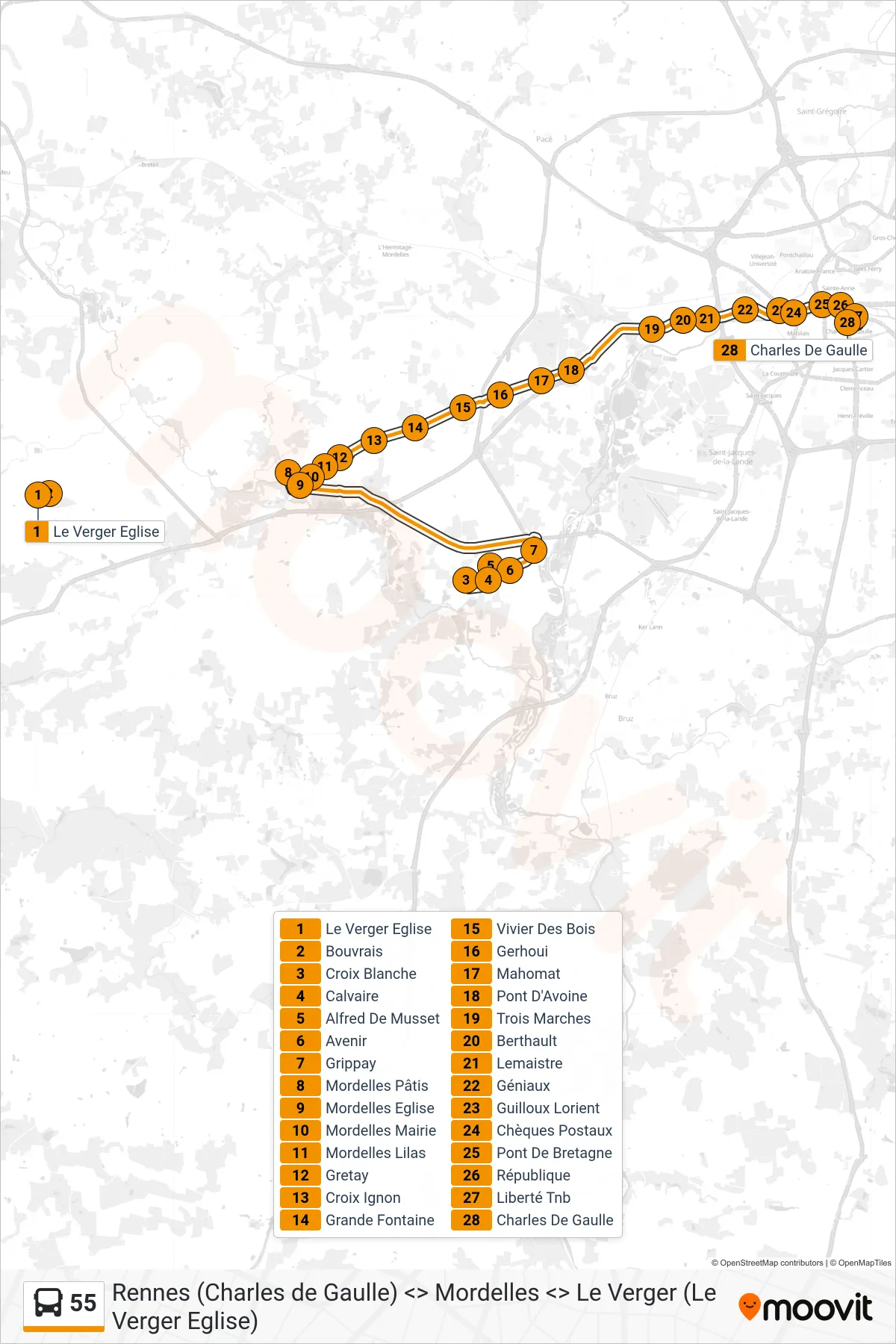 Tracé et arrêts de la ligne 55 de bus (Rennes Charles De Gaulle) sur une carte