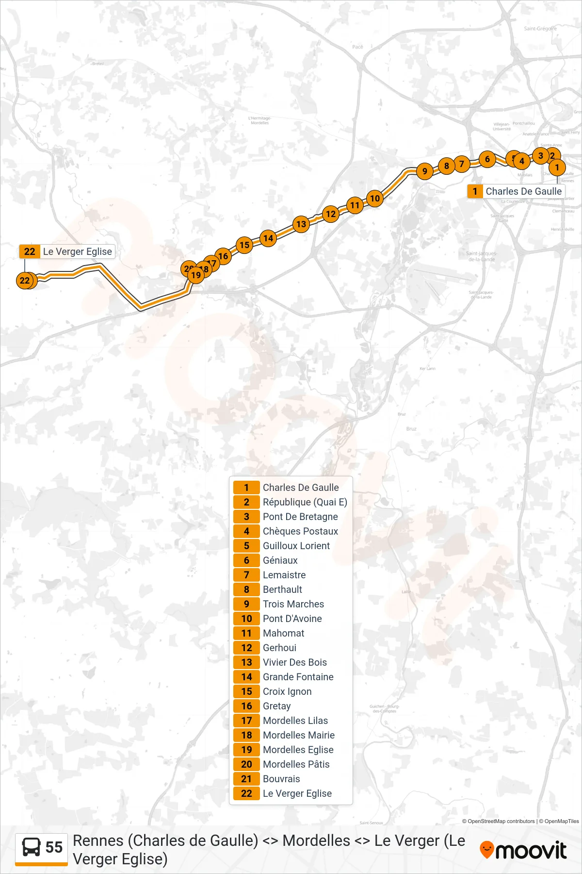 Tracé et arrêts de la ligne 55 de bus (Mordelles - Le Verger) sur une carte