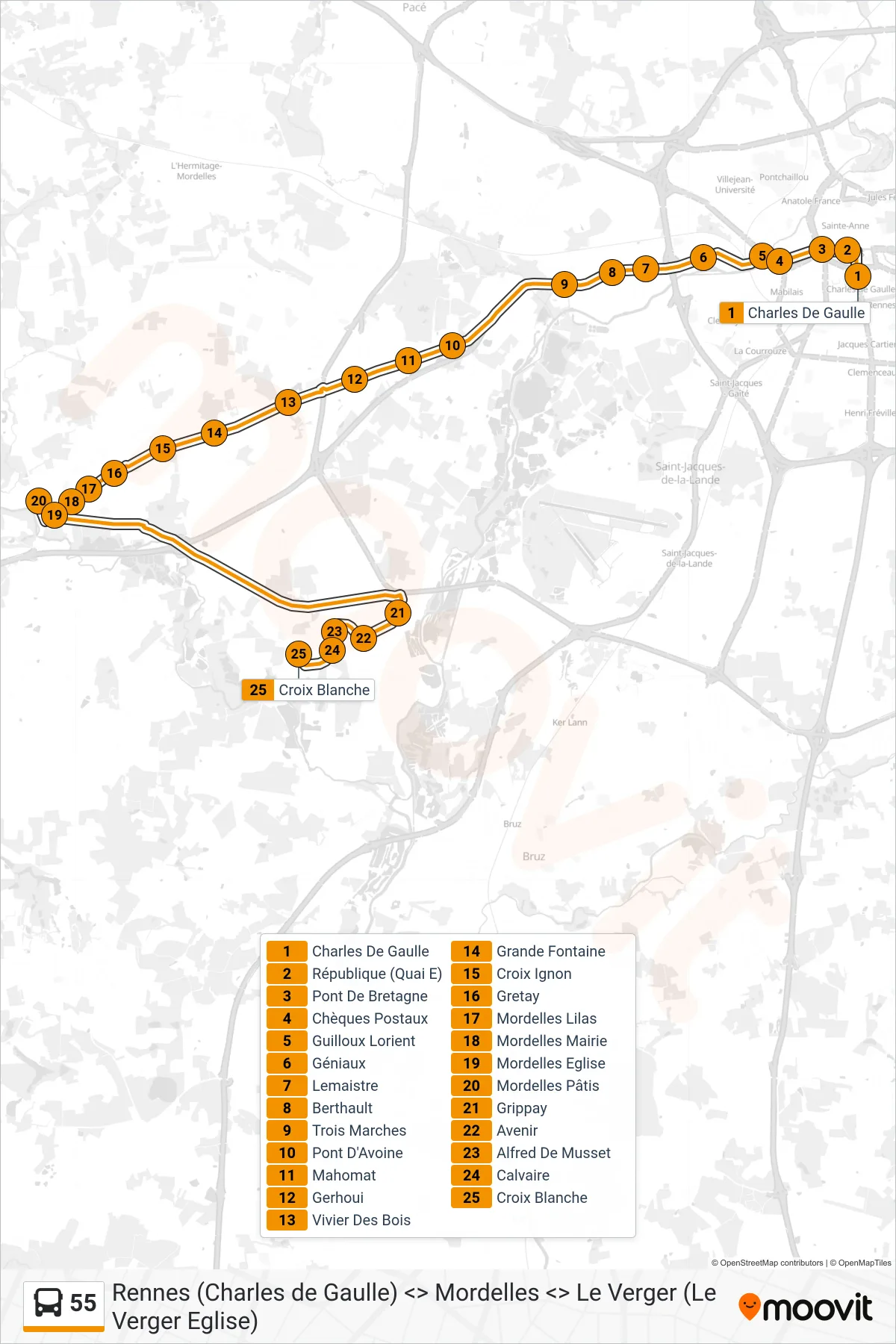 Tracé et arrêts de la ligne 55 de bus (Mordelles -  Chavagne) sur une carte
