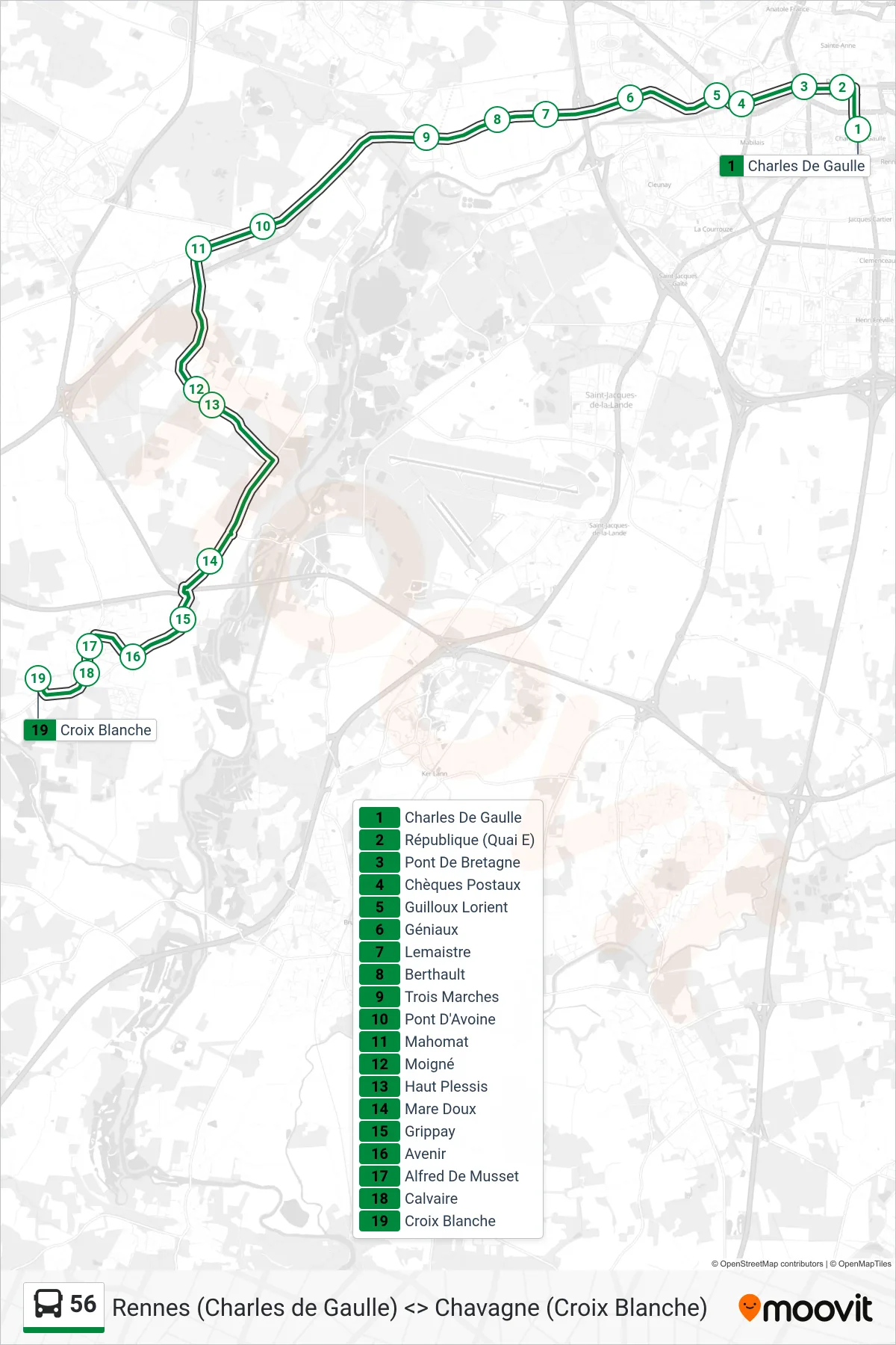 Tracé et arrêts de la ligne 56 de bus (Chavagne) sur une carte