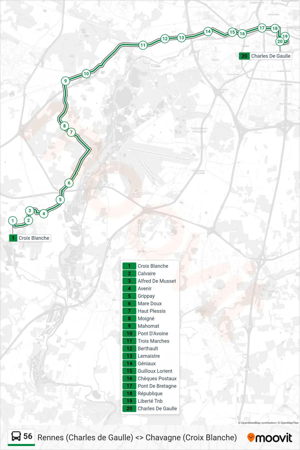 Tracé et arrêts de la ligne 56 de bus (Rennes Charles De Gaulle) sur une carte