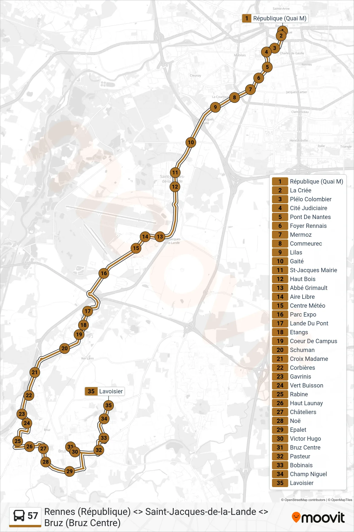 Tracé et arrêts de la ligne 57 de bus (Bruz Lavoisier) sur une carte