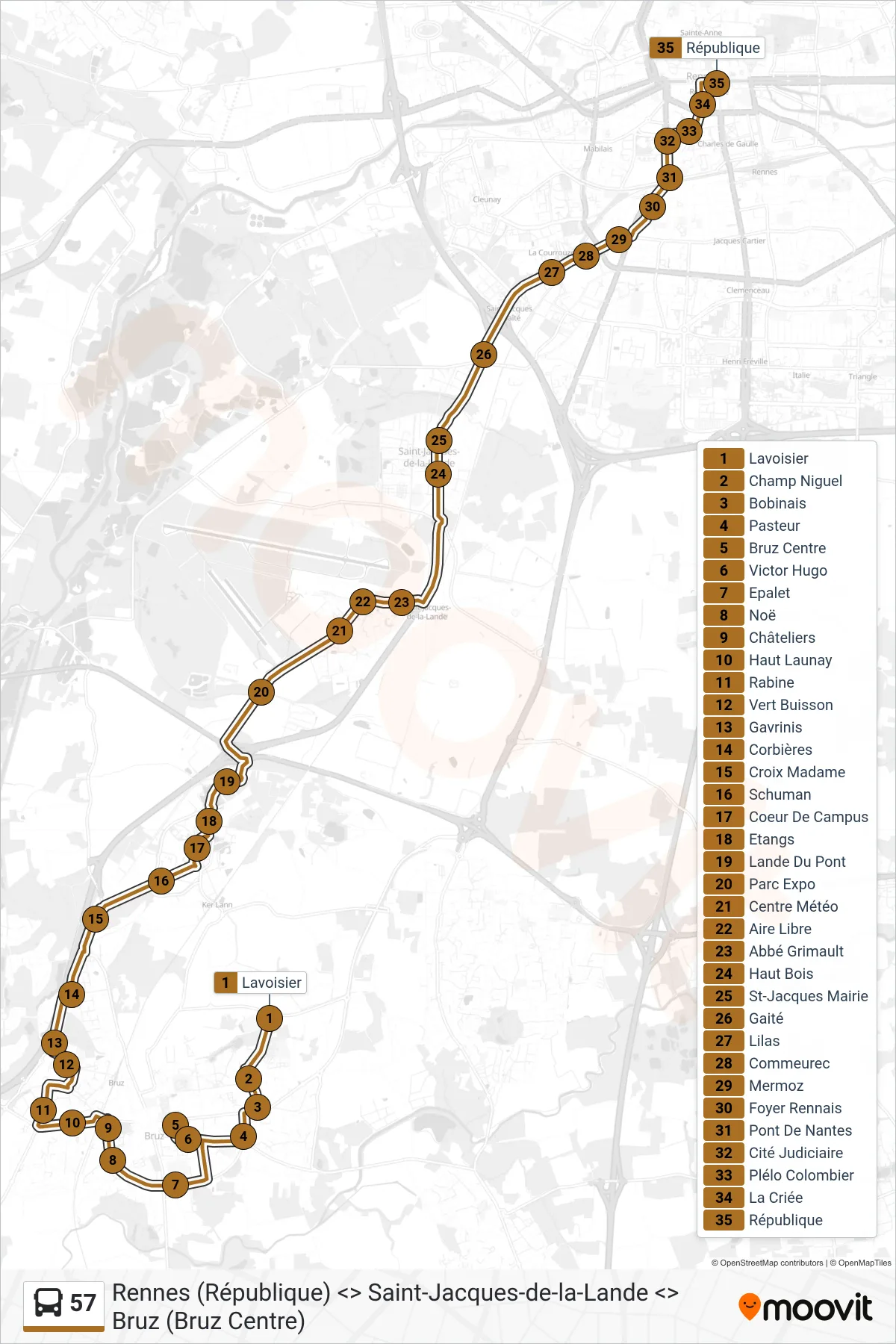 Tracé et arrêts de la ligne 57 de bus (Rennes République) sur une carte