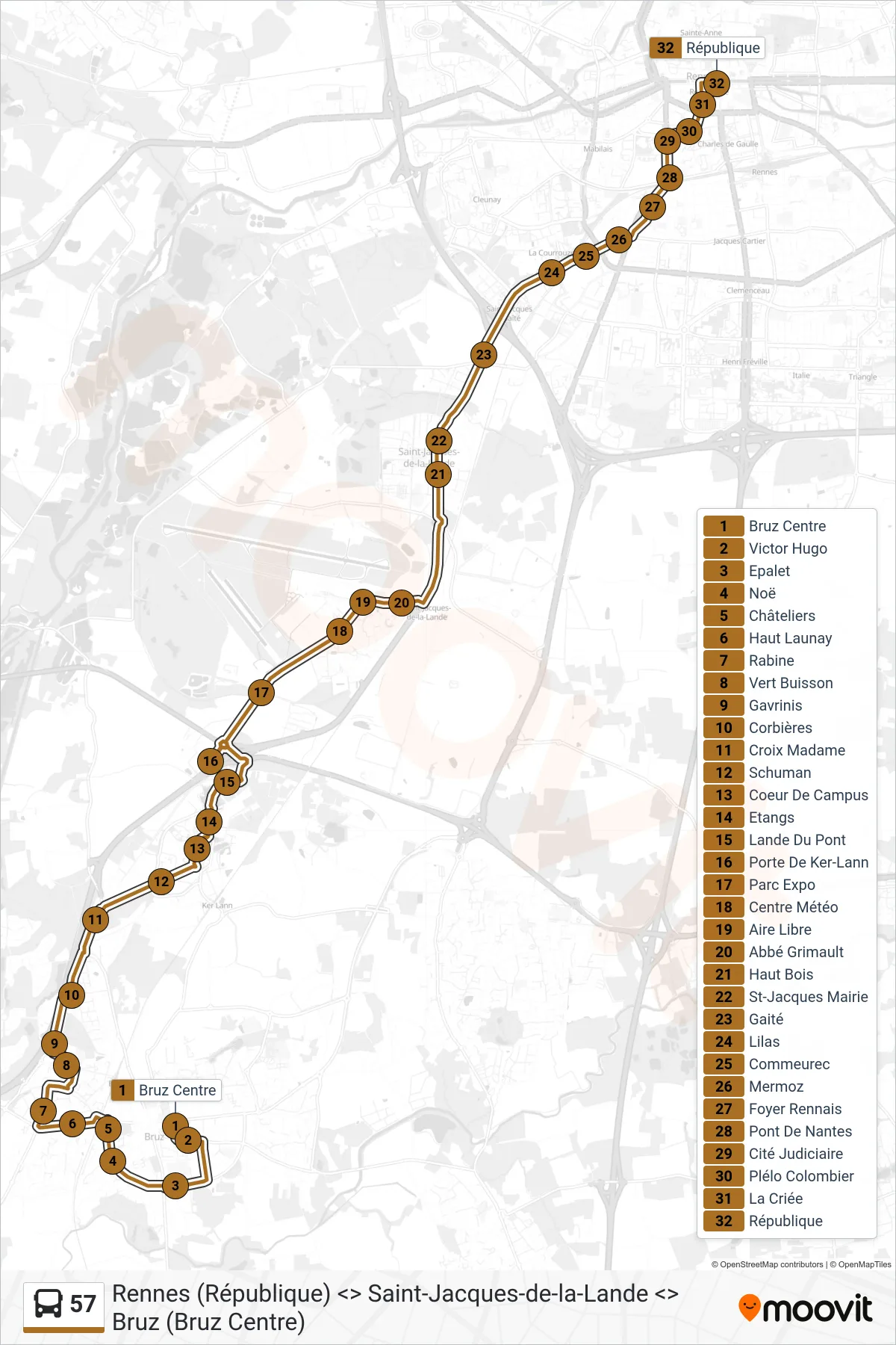 Tracé et arrêts de la ligne 57 de bus (Rennes Via Porte De Ker-Lann) sur une carte