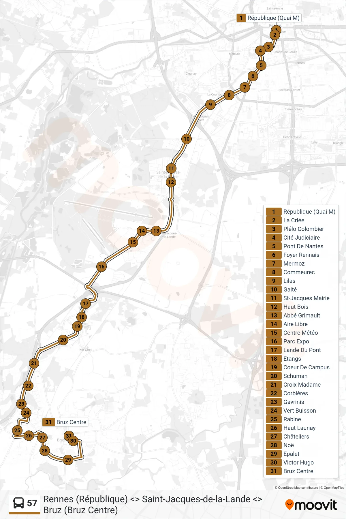 Tracé et arrêts de la ligne 57 de bus (Bruz) sur une carte