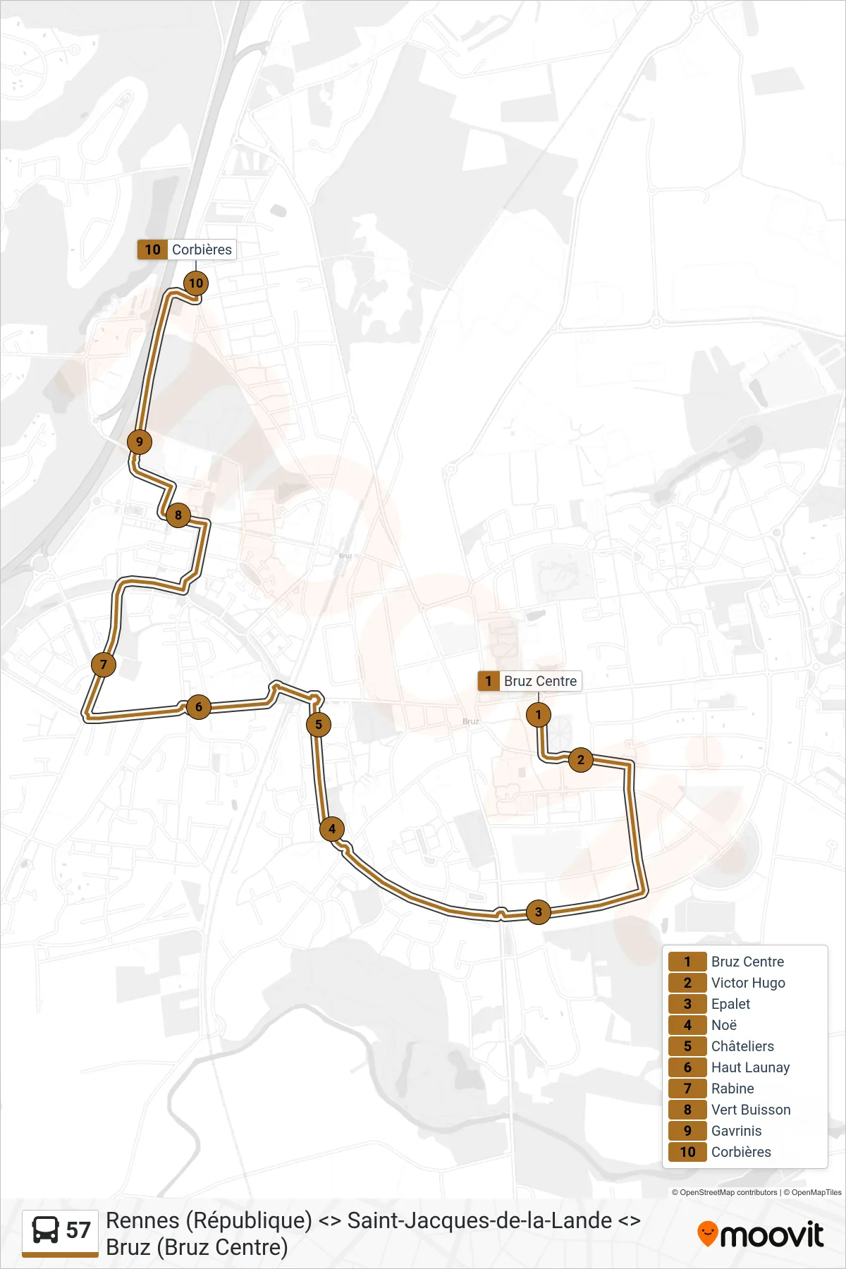 Tracé et arrêts de la ligne 57 de bus (Bruz) sur une carte