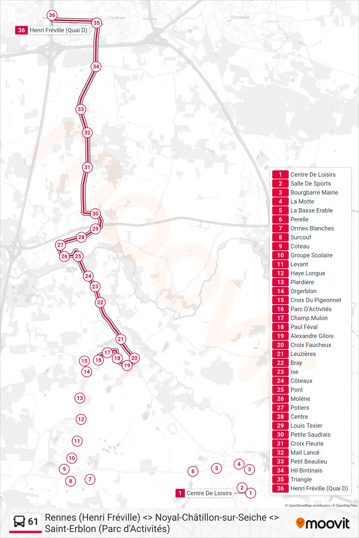 Tracé et arrêts de la ligne 61 de bus (Rennes Henri Fréville) sur une carte