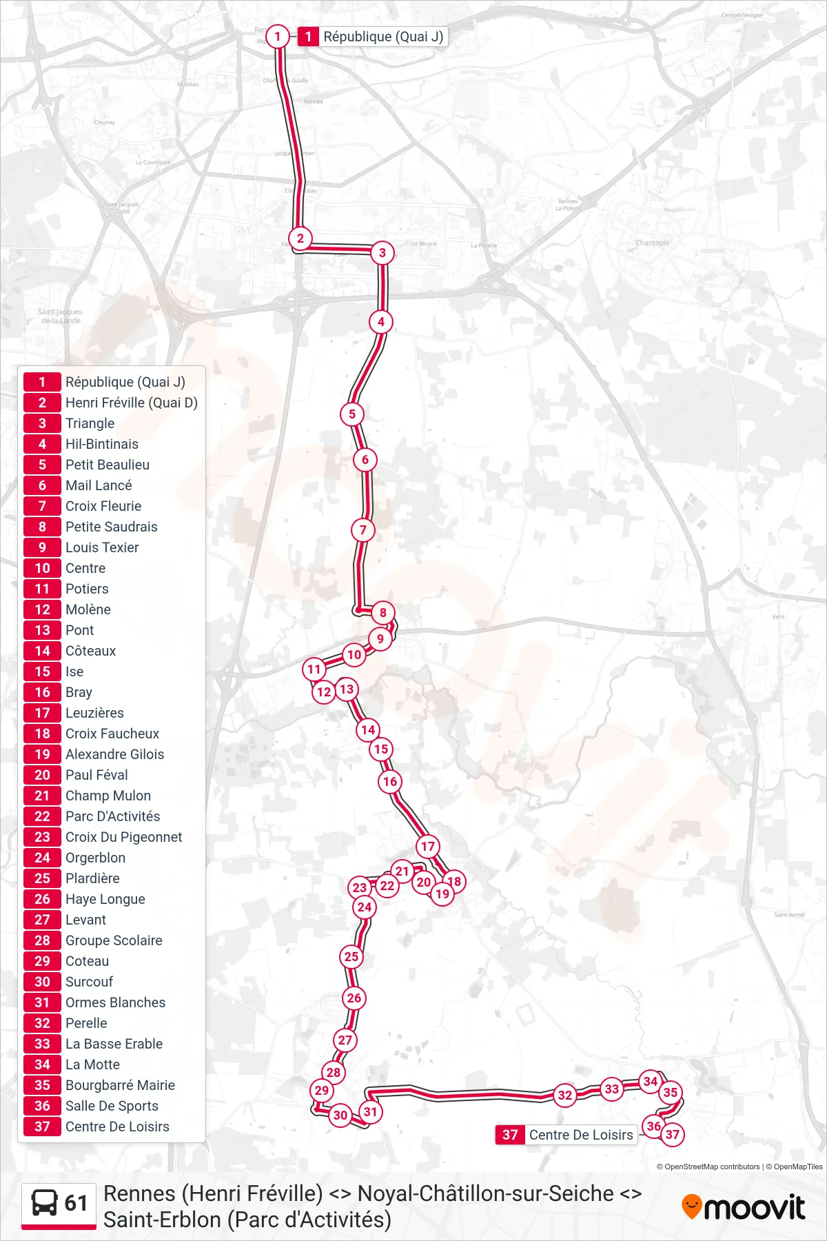 Tracé et arrêts de la ligne 61 de bus (Noyal-Châtillon - Saint-Erblon -Orgères Bourgbarré) sur une carte