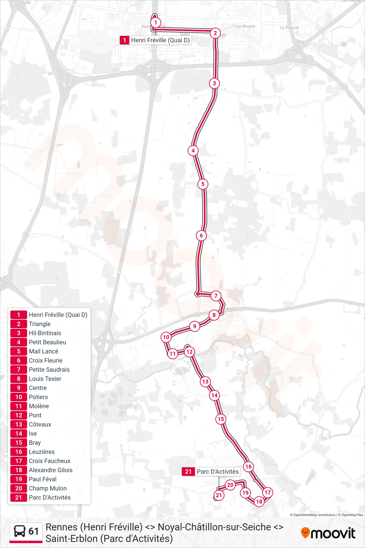 Tracé et arrêts de la ligne 61 de bus (Noyal-Châtillon-Sur-Seiche - Saint-Erblon) sur une carte