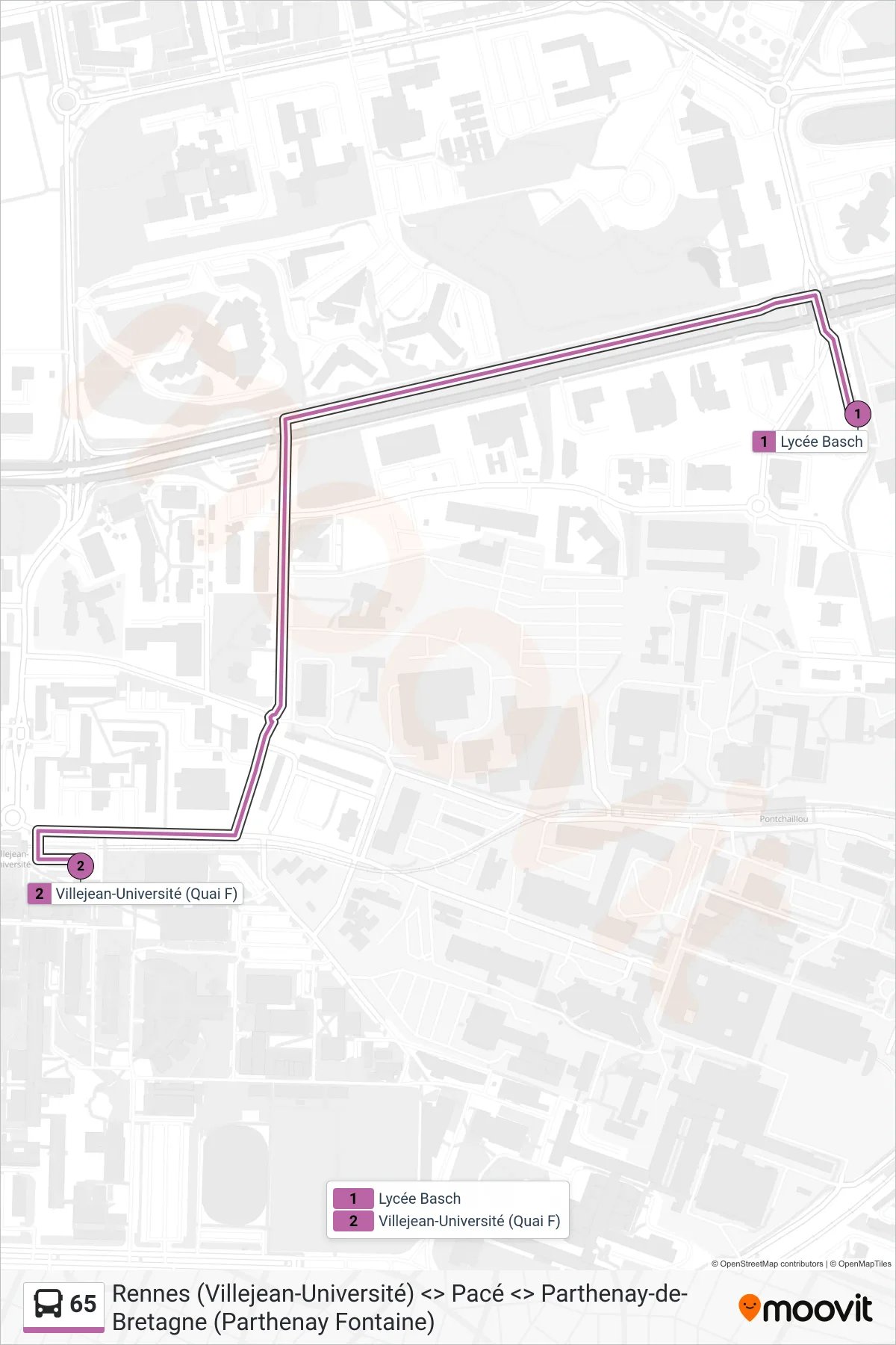 Tracé et arrêts de la ligne 65 de bus (Rennes Villejean-Université) sur une carte