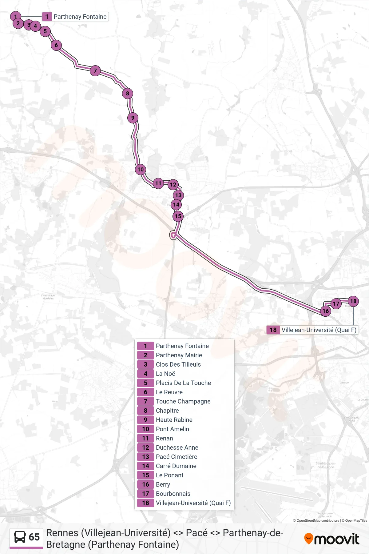 Tracé et arrêts de la ligne 65 de bus (Rennes Villejean-Université) sur une carte