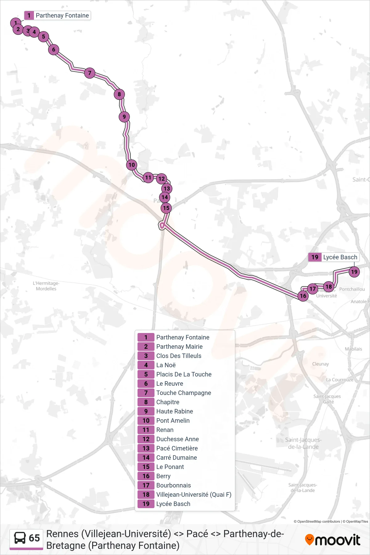 Tracé et arrêts de la ligne 65 de bus (Rennes Lycée Basch Via V.-U.) sur une carte