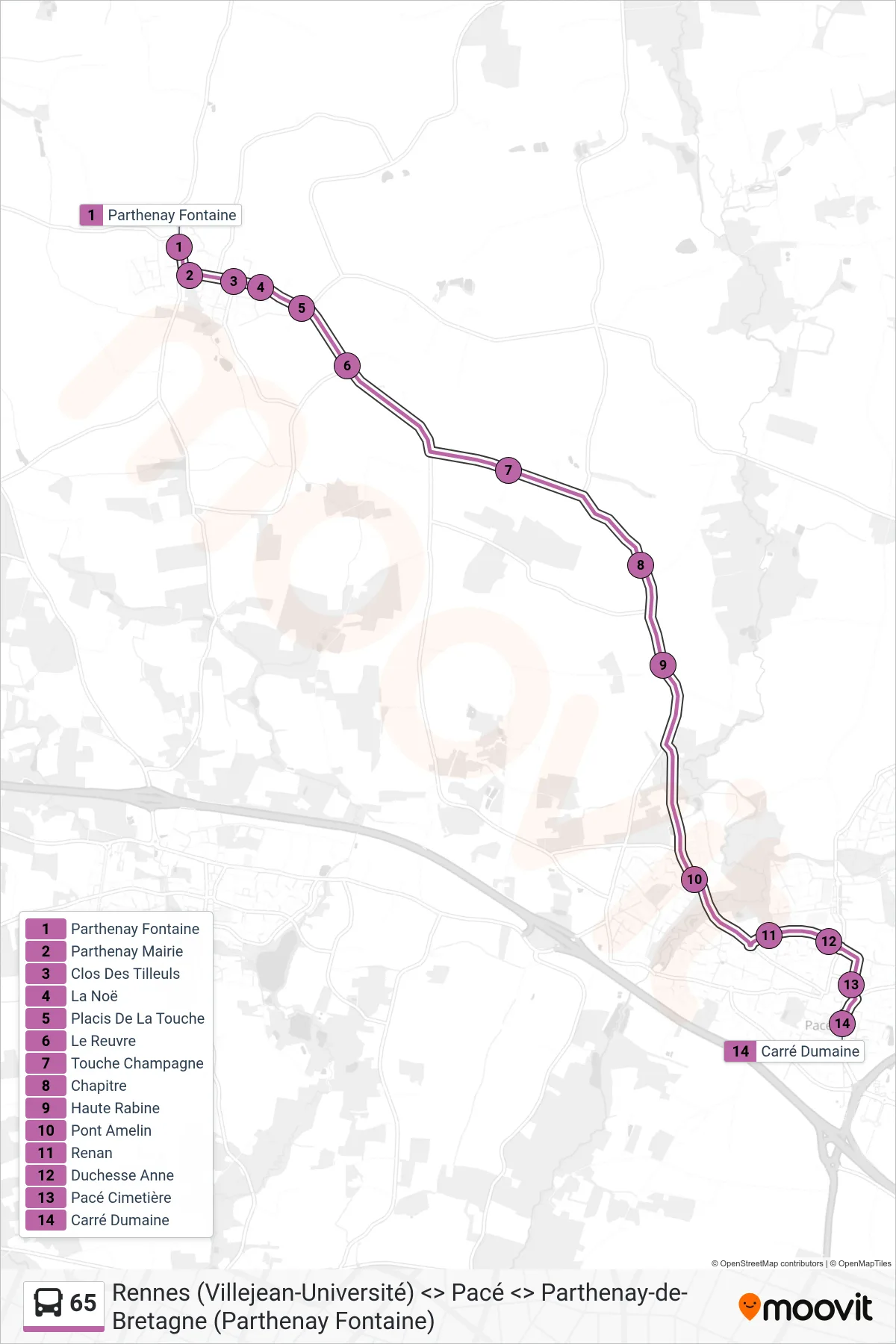 Tracé et arrêts de la ligne 65 de bus (Pacé Carré Dumaine) sur une carte