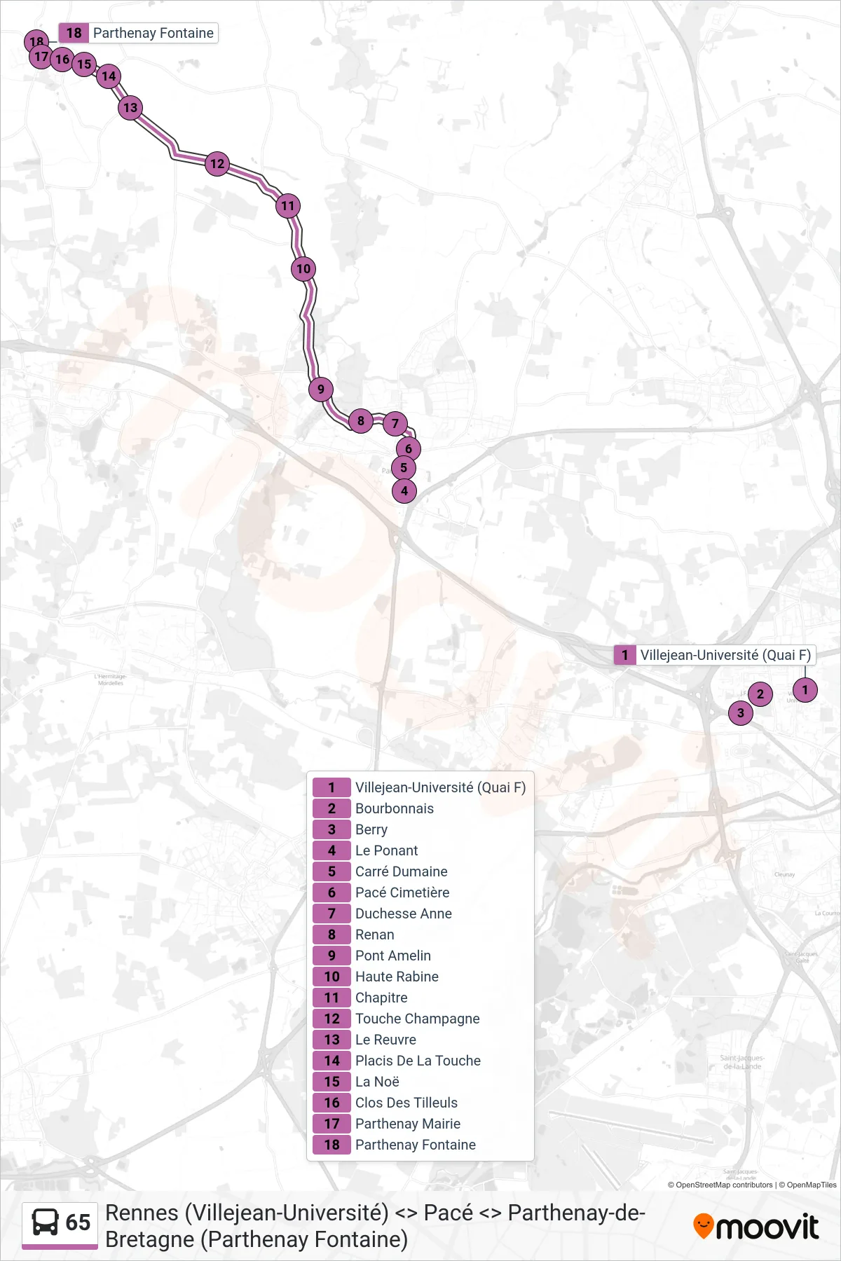 Tracé et arrêts de la ligne 65 de bus (Pacé - Parthenay-De-Bretagne) sur une carte
