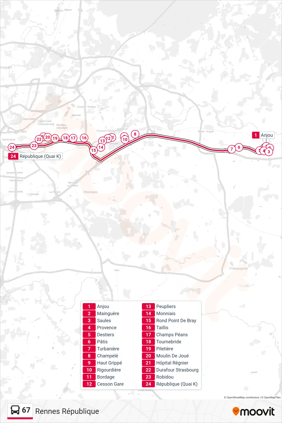 Tracé et arrêts de la ligne 67 de bus (Rennes République) sur une carte