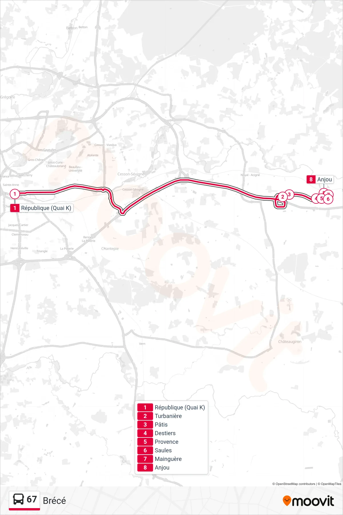 Tracé et arrêts de la ligne 67 de bus (Brécé) sur une carte