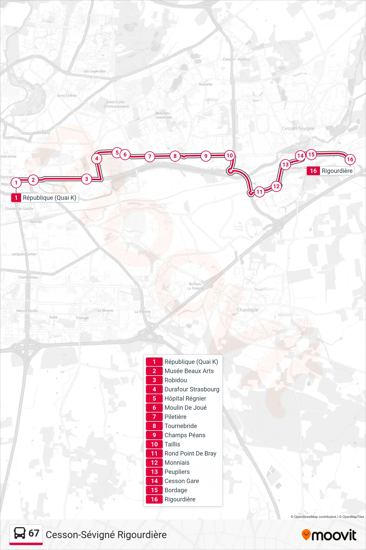 Tracé et arrêts de la ligne 67 de bus (Cesson-Sévigné Rigourdière) sur une carte
