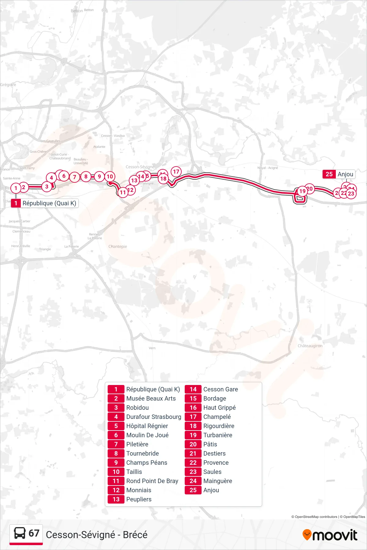 Tracé et arrêts de la ligne 67 de bus (Cesson-Sévigné - Brécé) sur une carte